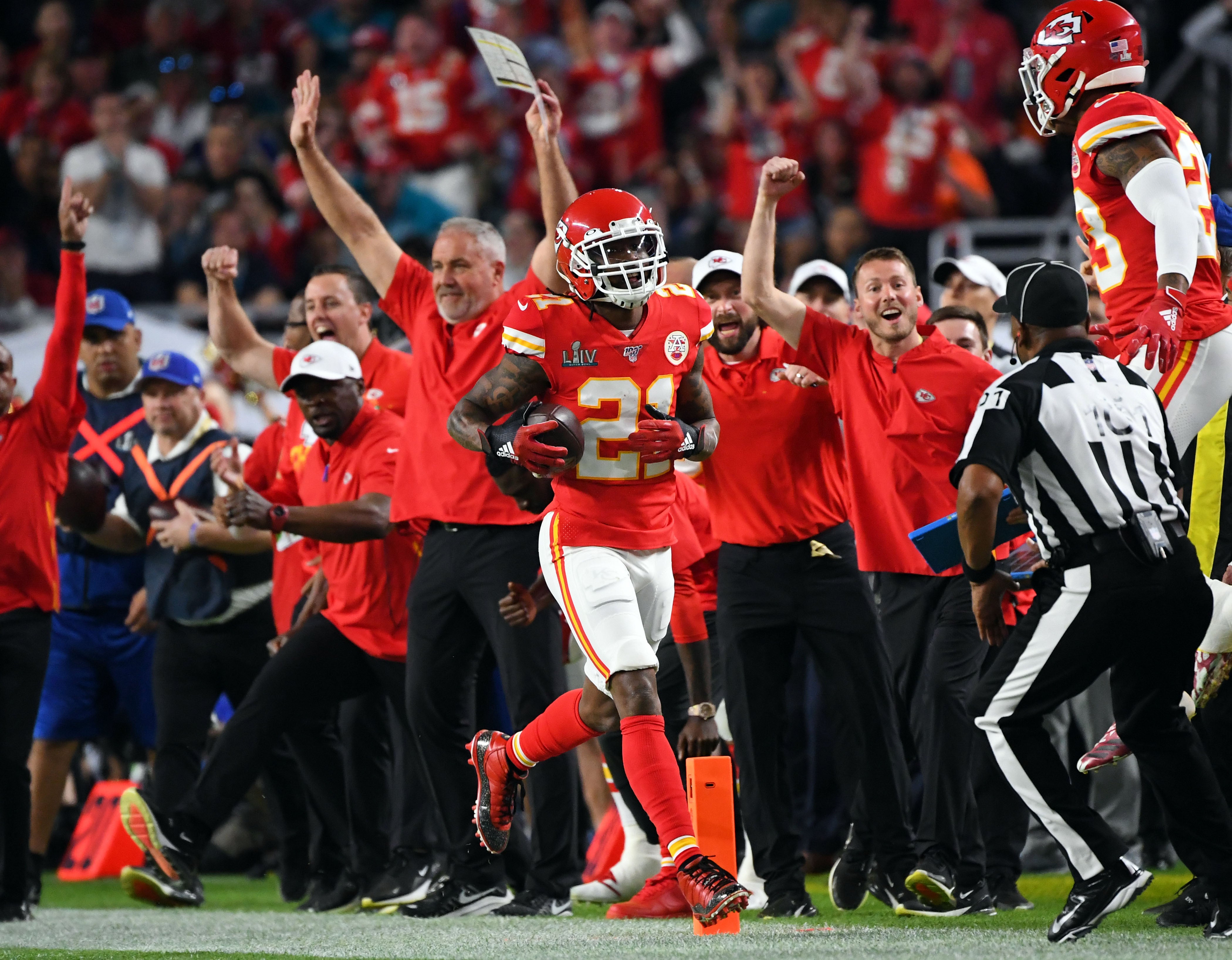 Feb 2, 2020; Miami Gardens, Florida, USA; Kansas City Chiefs defensive back Bashaud Breeland (21) makes an interception during the first quarter against the San Francisco 49ers in Super Bowl LIV at Hard Rock Stadium.