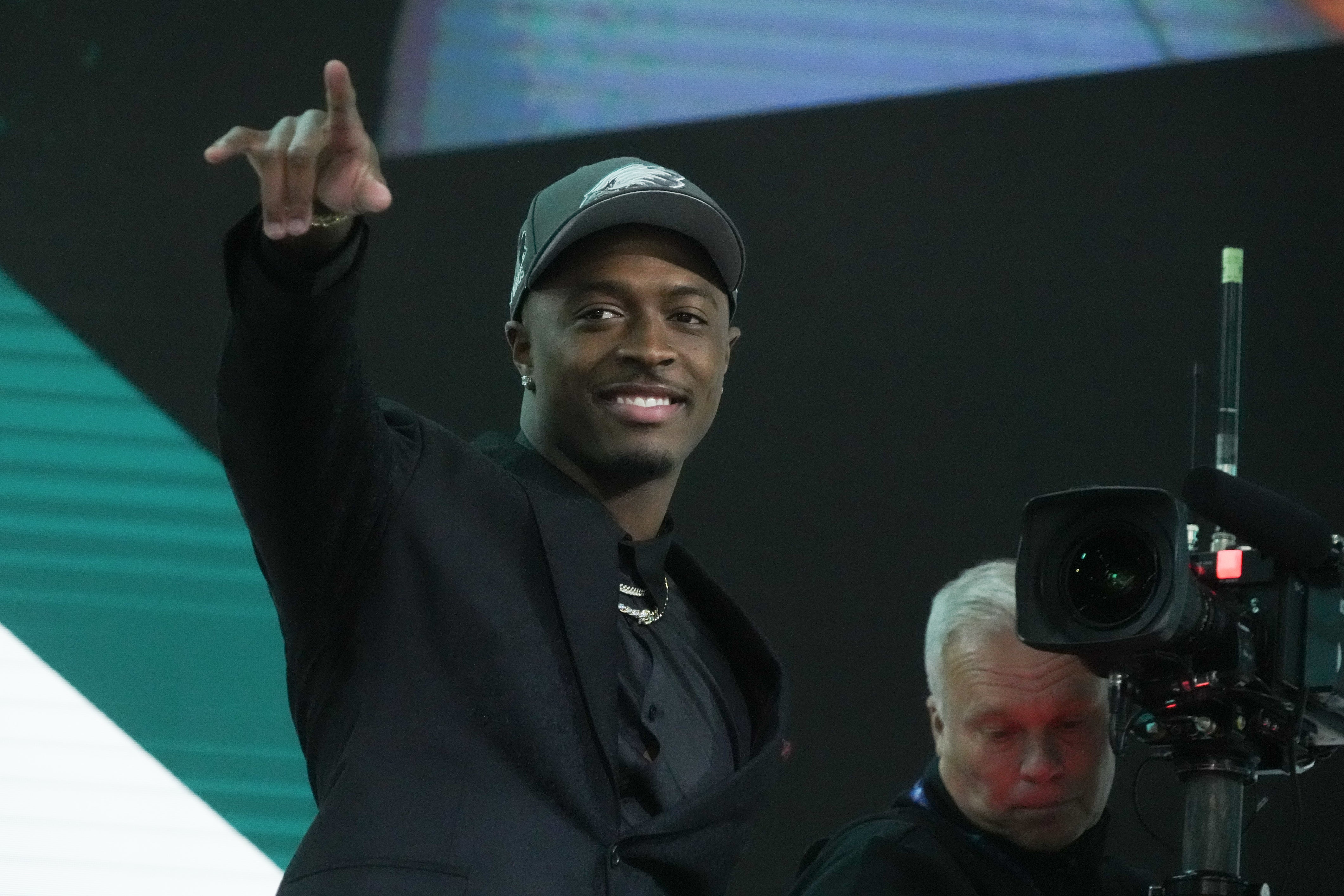 Toledo Rockets cornerback Quinyon Mitchell reacts after being selected by the Philadelphia Eagles as the No. 22 pick in the first round of the 2024 NFL Draft at Campus Martius Park and Hart Plaza.