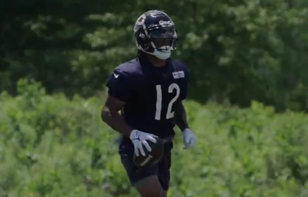 Velus Jones following a touchdown during mandatory minicamp at Halas Hall.