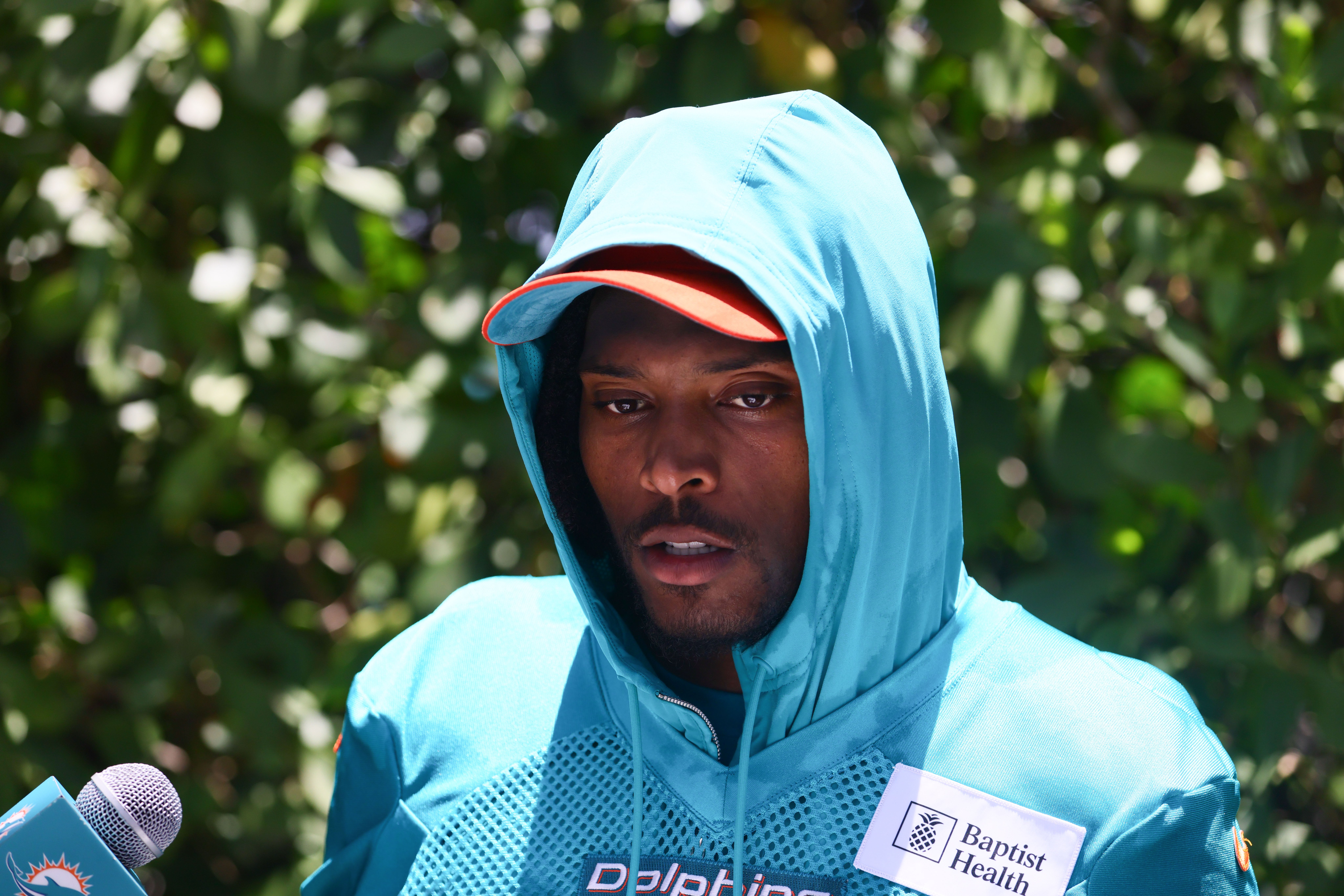 Jun 5, 2024; Miami Gardens, FL, USA; Miami Dolphins cornerback Jalen Ramsey (5) speaks to reporters during mandatory minicamp at Baptist Health Training Complex.