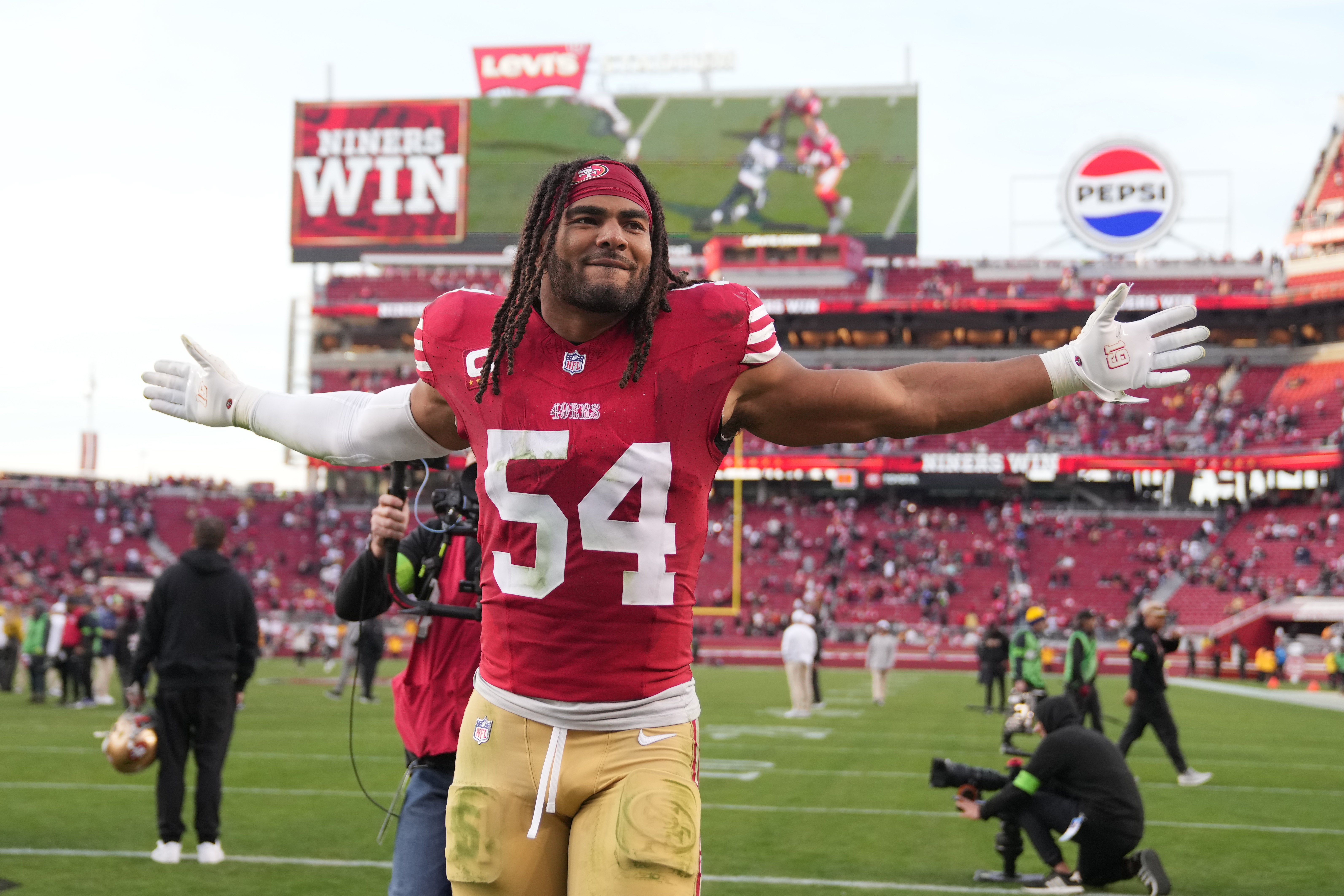 Dec 10, 2023; Santa Clara, California, USA; San Francisco 49ers linebacker Fred Warner (54) celebrates after defeating the Seattle Seahawks at Levi's Stadium.