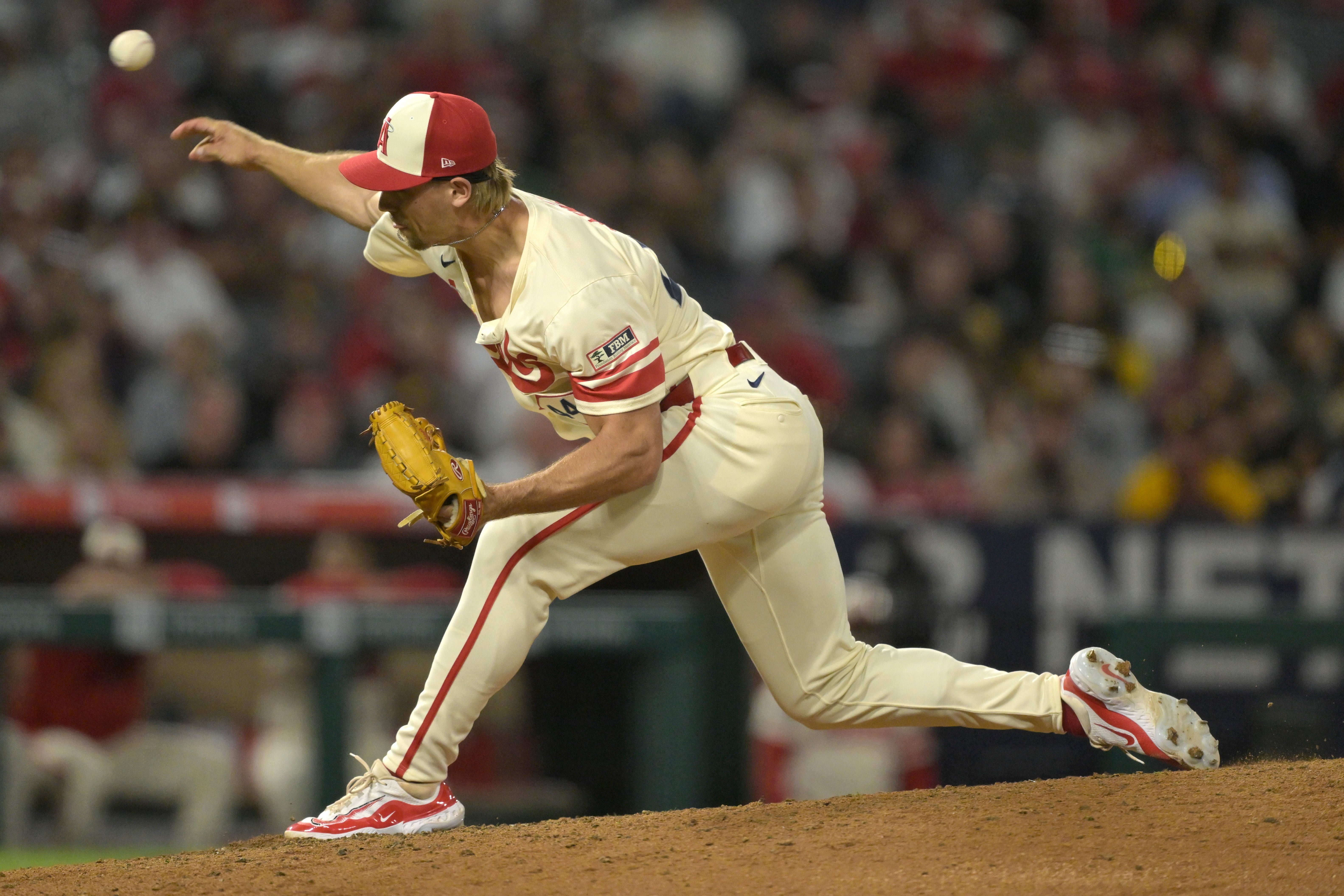 Jun 5, 2024; Anaheim, California, USA; Los Angeles Angels relief pitcher Ben Joyce (44) delivers to the plate in the eighth inning against the San Diego Padres at Angel Stadium.