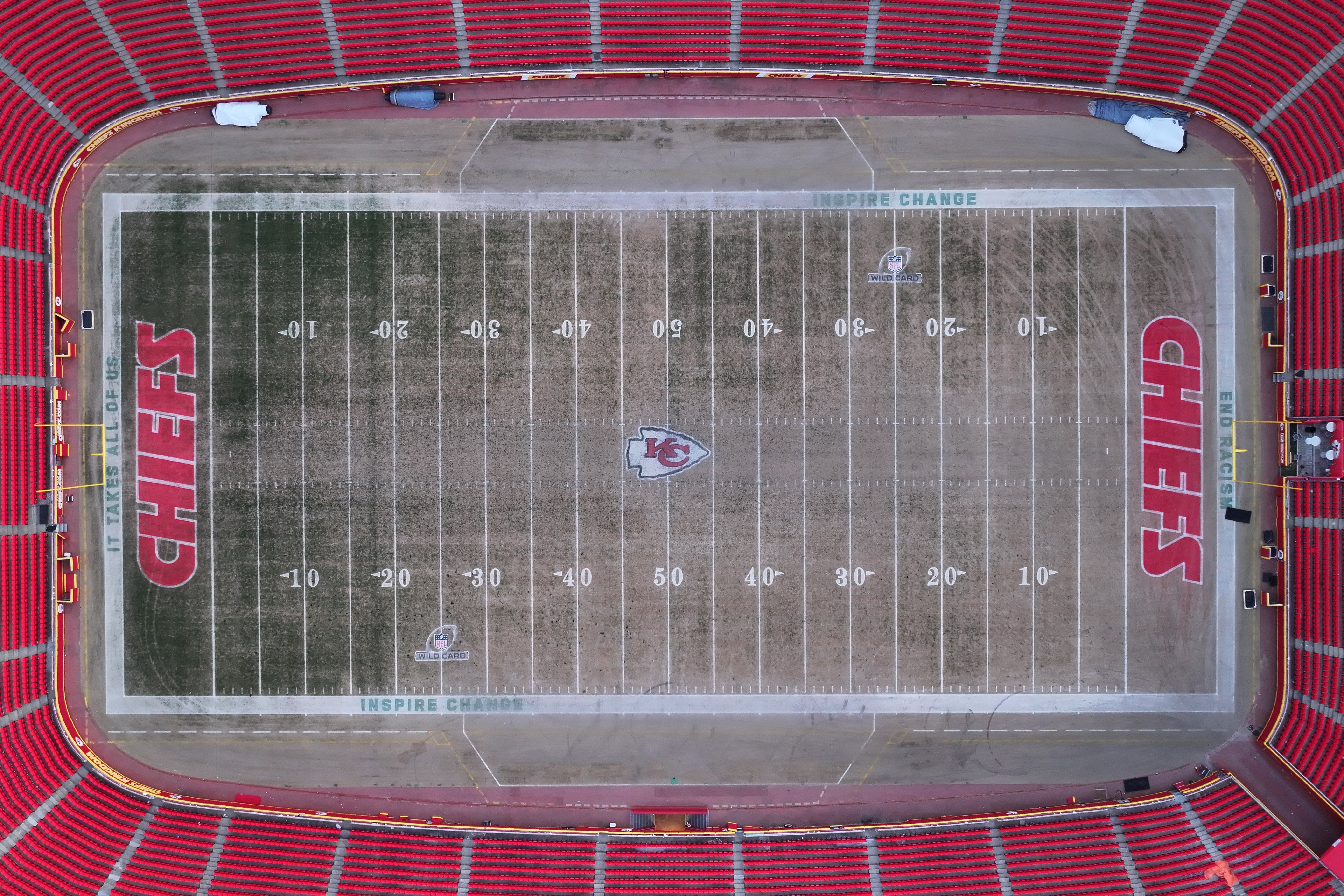 Feb 14, 2024; Kansas City, MO, USA; The Kansas City Chiefs logos at midfield and end zone at Arrowhead Stadium at the Truman Sports Complex