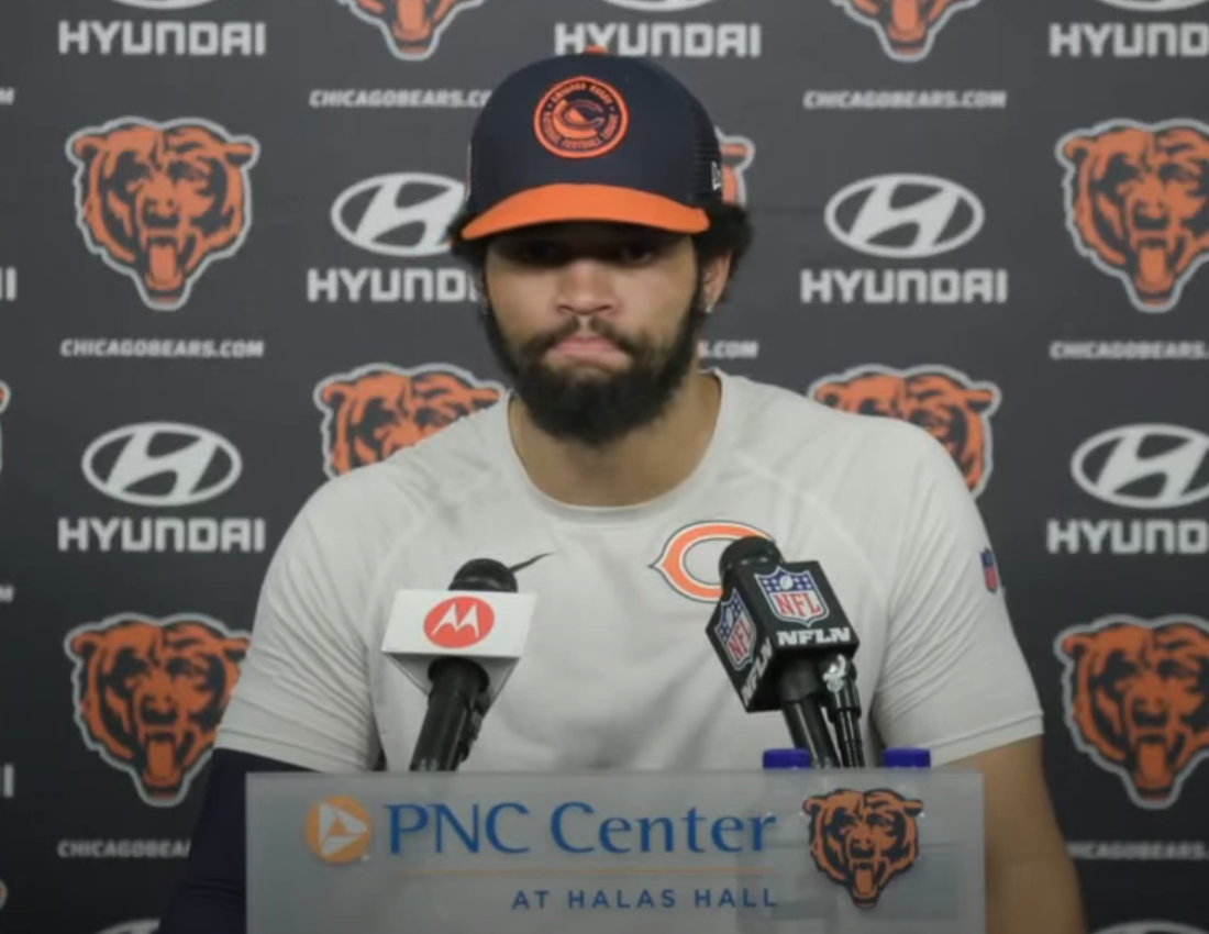 Caleb Williams addresses the media following Thursday's practice at Halas Hall.