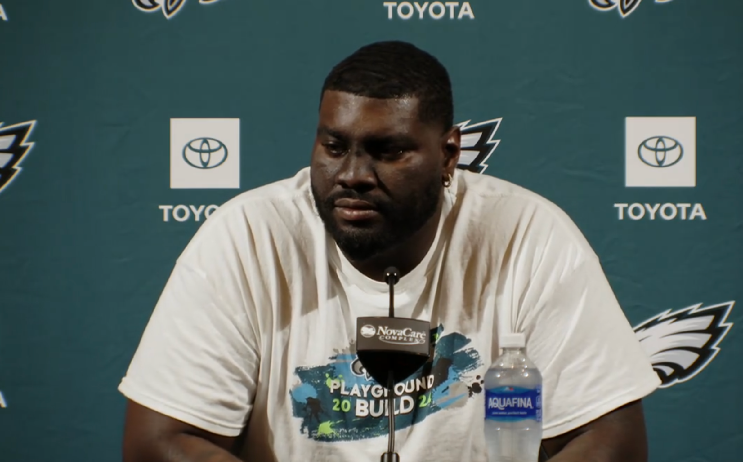 Philadelphia Eagles OL Mekhi Becton speaks to the media during mandatory minicamp