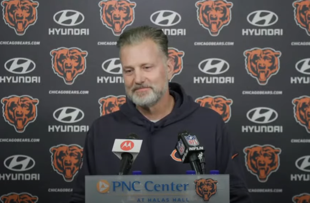 Matt Eberflus addresses the media following Thursday's practice at Halas Hall.