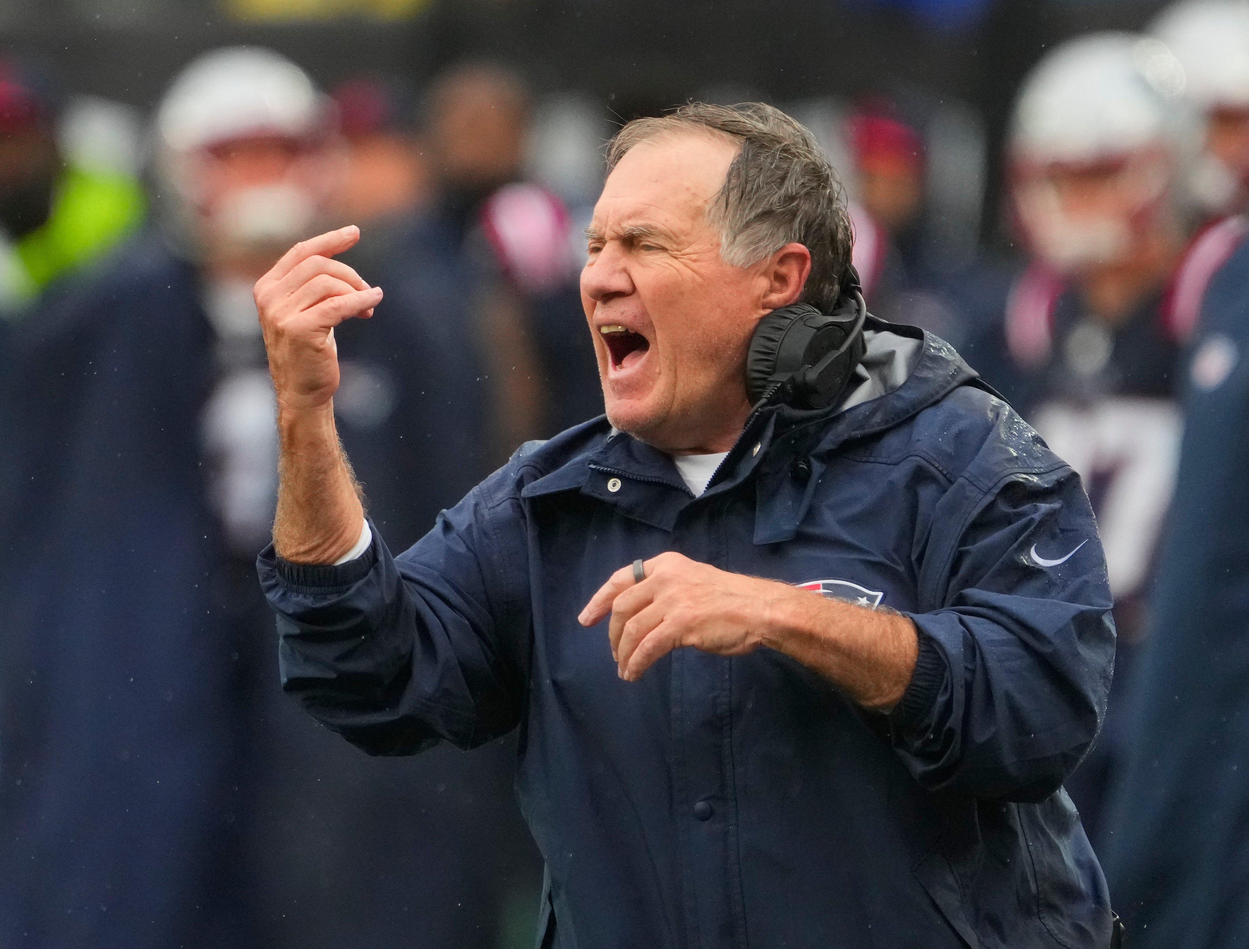 Sep 24, 2023; East Rutherford, New Jersey, USA; New England Patriots head coach Bill Belichick at MetLife Stadium.