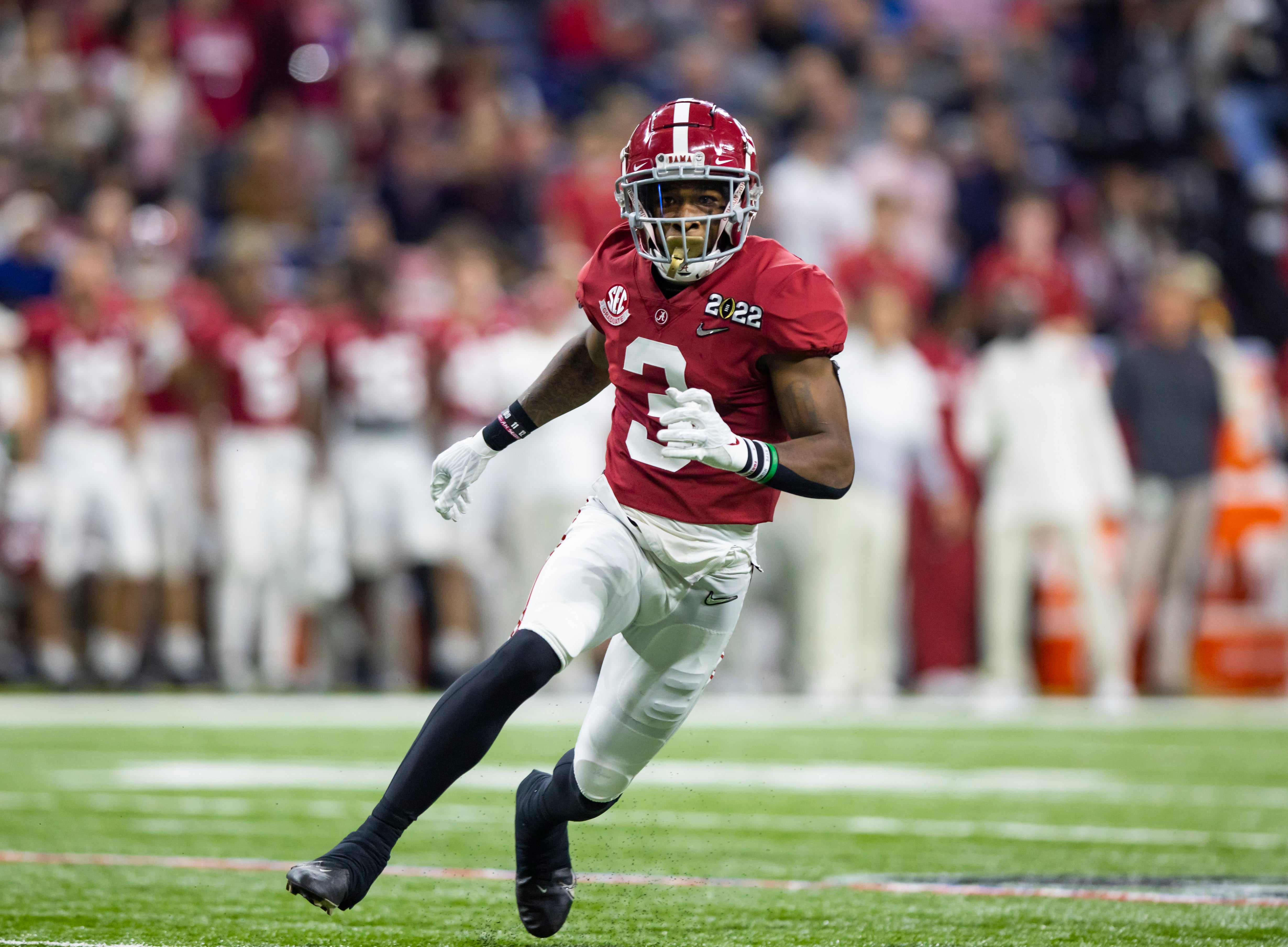 Jan 10, 2022; Indianapolis, IN, USA; Alabama Crimson Tide defensive back Daniel Wright (3) against the Georgia Bulldogs in the 2022 CFP college football national championship game at Lucas Oil Stadium.