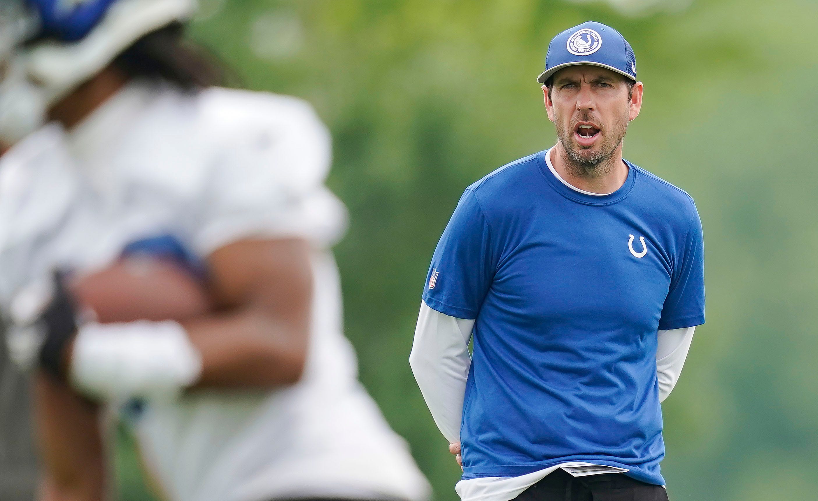 Indianapolis Colts head coach Shane Steichen yells to players on the field Wednesday, June 5, 2024, during practice at the Colts Practice Facility in Indianapolis.