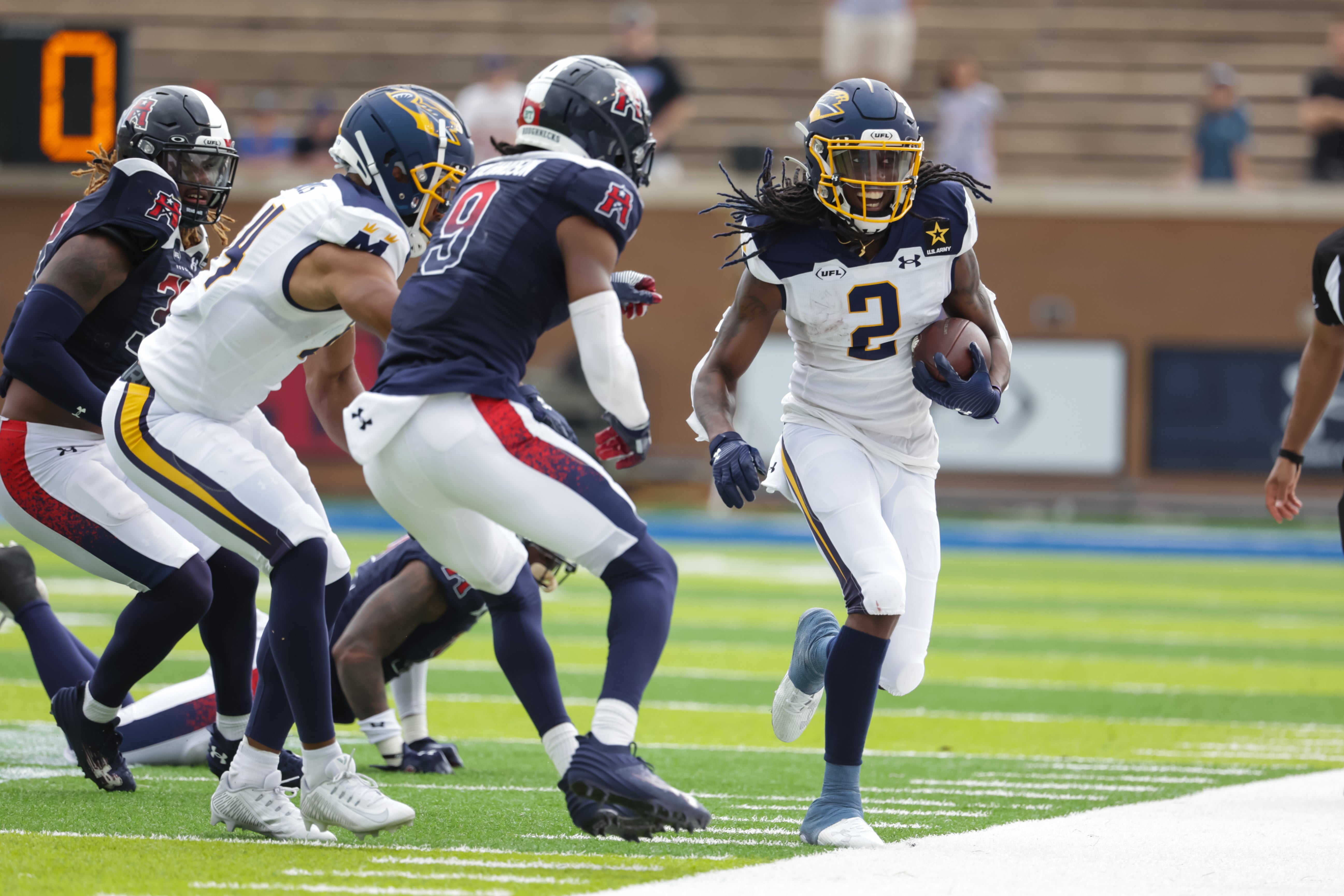 Mar 31, 2024; Houston, TX, USA; Memphis Showboats wide receiver Daewood Davis (2) runs out of bounds in the fourth quarter in a game against the Houston Roughnecks at Rice Stadium. Mandatory Credit: Joseph Buvid-USA TODAY Sports