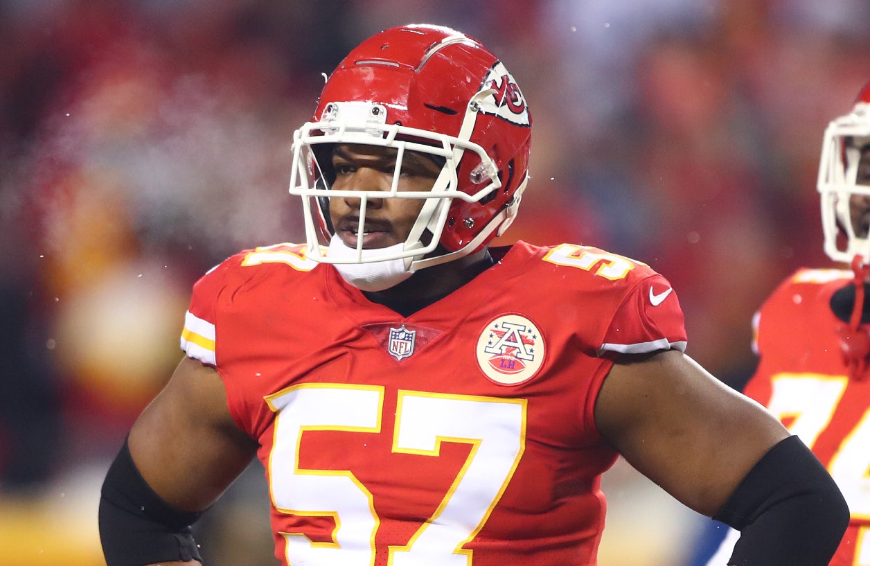 Jan 12, 2019; Kansas City, MO, USA; Kansas City Chiefs linebacker Breeland Speaks (57) against the Indianapolis Colts during the AFC Divisional playoff football game at Arrowhead Stadium.