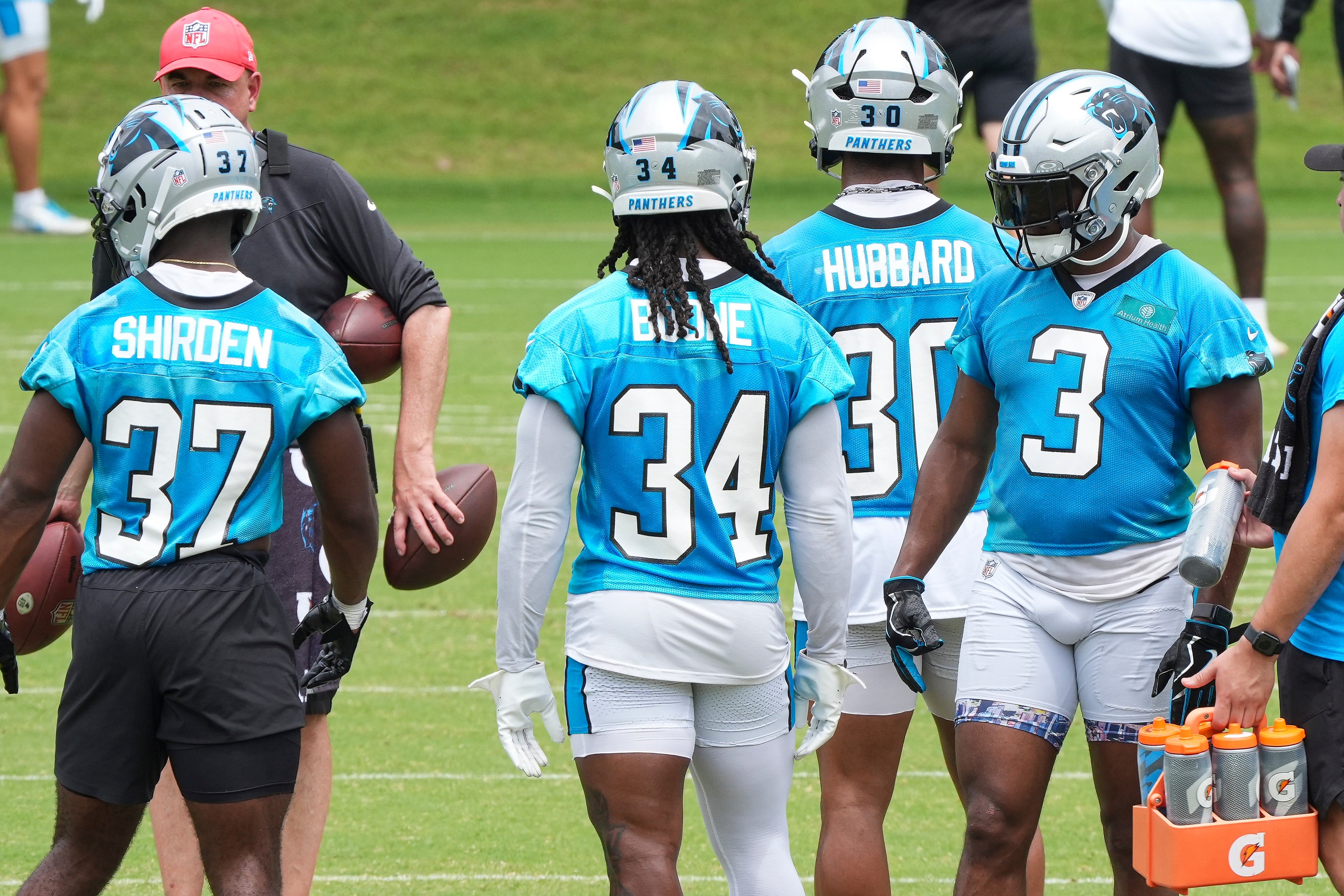 Jun 4, 2024; Charlotte, NC, USA; Backfield members Carolina Panthers running back Jaden Shirden (37), running back Mike Boone (34), running back Chuba Hubbard (30) and running back Raheem Blackshear (3) during OTAs. Mandatory Credit: Jim Dedmon-USA TODAY Sports