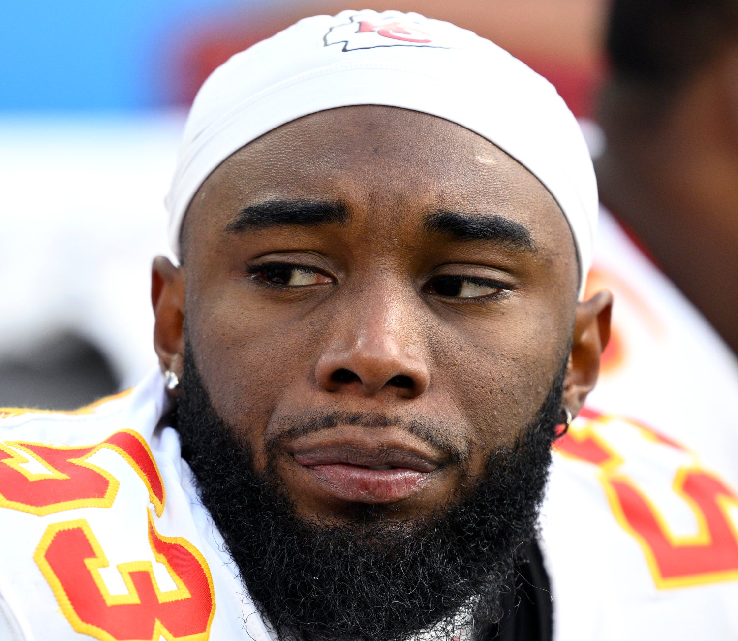 Jan 7, 2024; Inglewood, California, USA; Kansas City Chiefs defensive end BJ Thompson (53) looks on during the first half against the Los Angeles Chargers at SoFi Stadium.