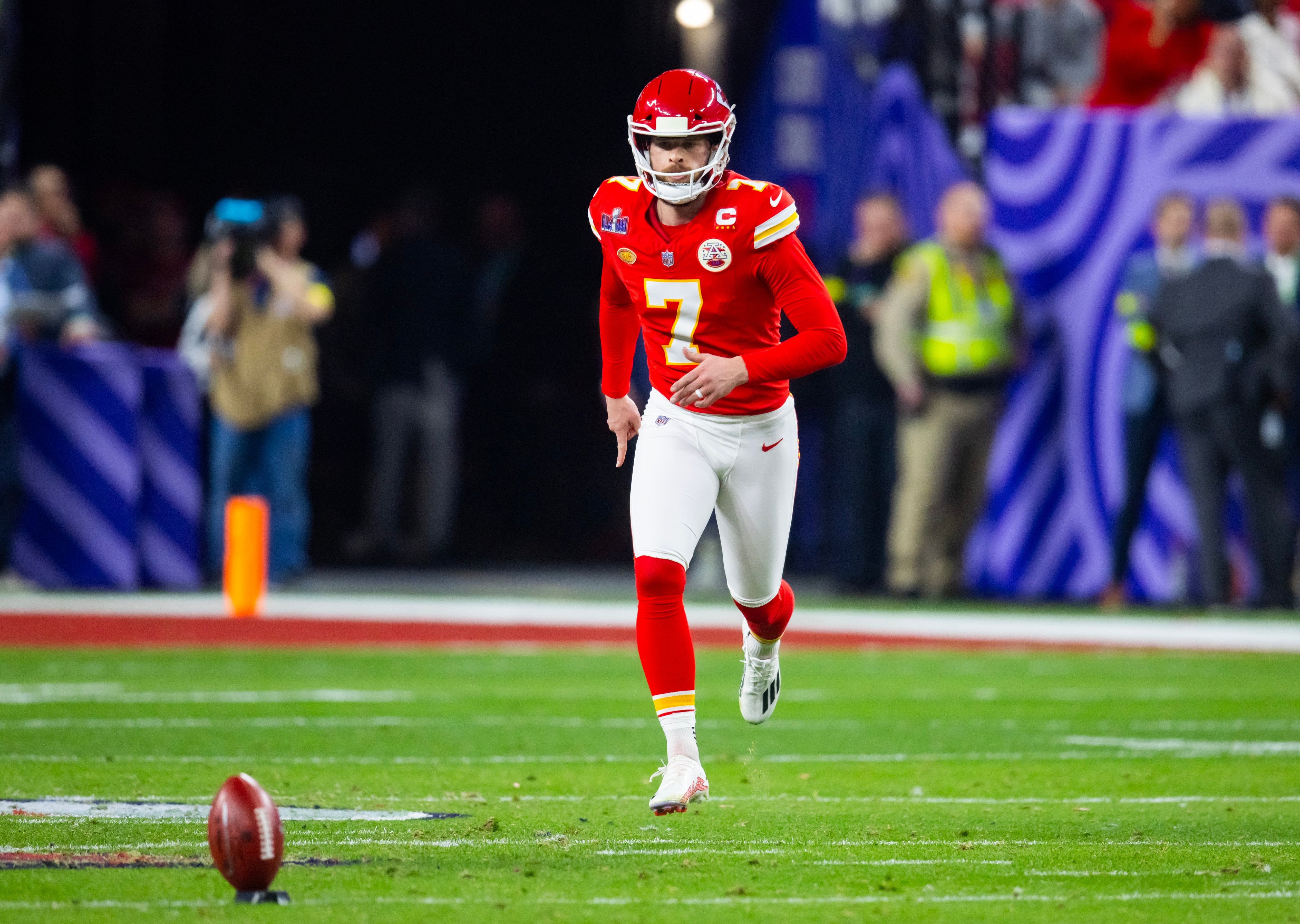 Chiefs kicker Harrison Butker (7) against the San Francisco 49ers in Super Bowl LVIII at Allegiant Stadium.