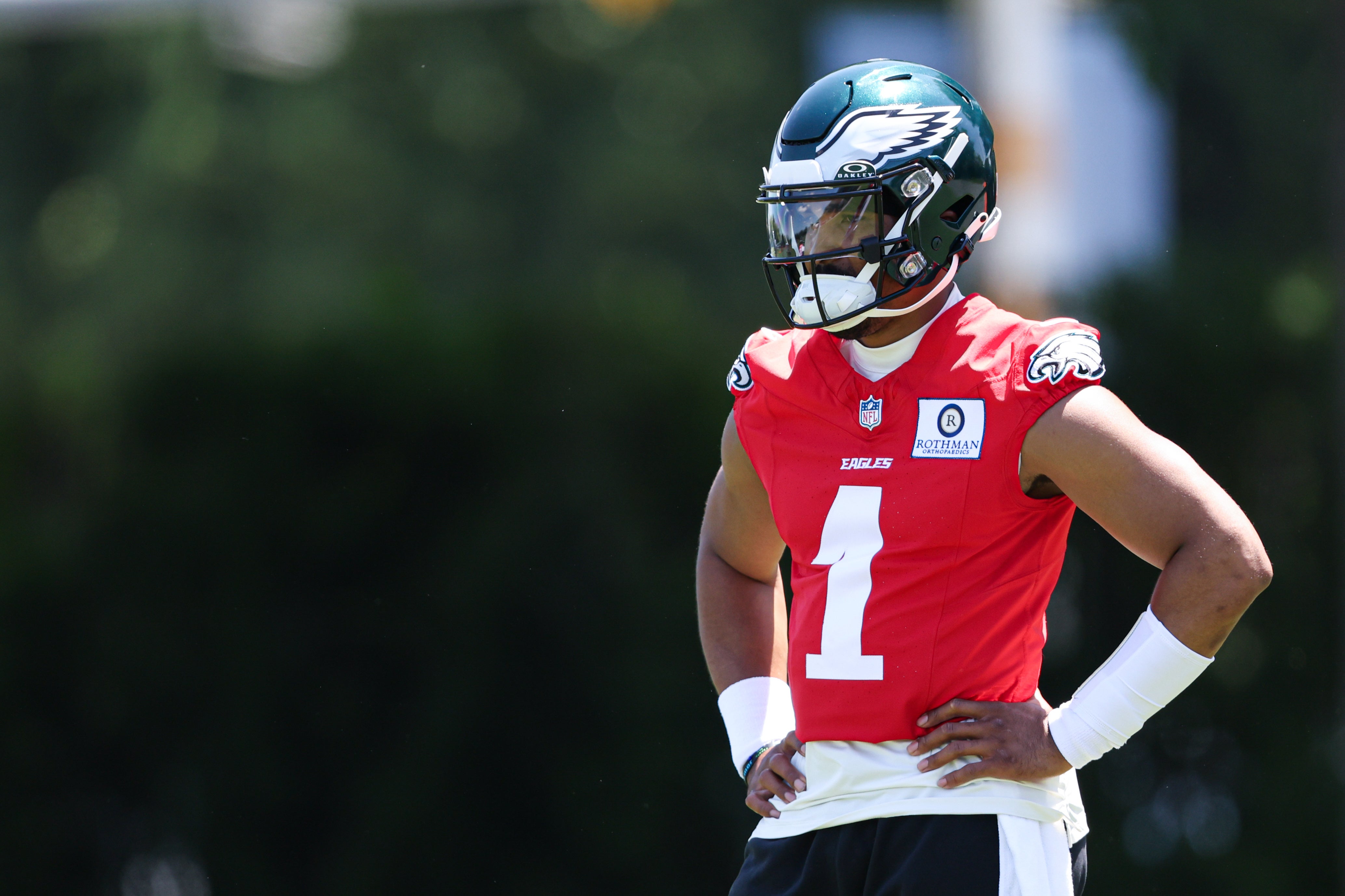 Philadelphia Eagles quarterback Jalen Hurts (1) looks on during practice at NovaCare Complex.