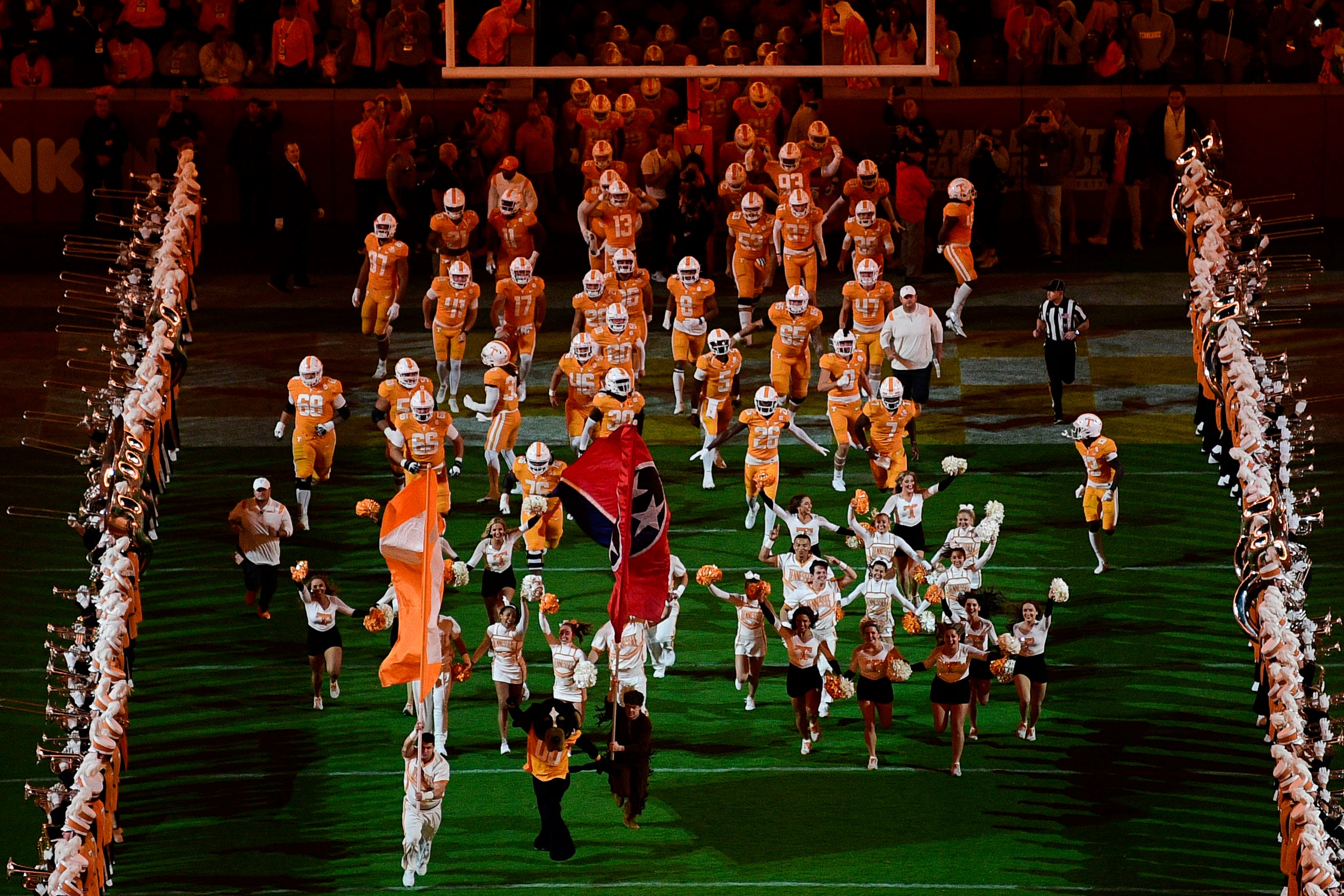 Tennessee takes the field before an SEC football game between Tennessee and Ole Miss at Neyland Stadium in Knoxville, Tenn. on Saturday, Oct. 16, 2021.