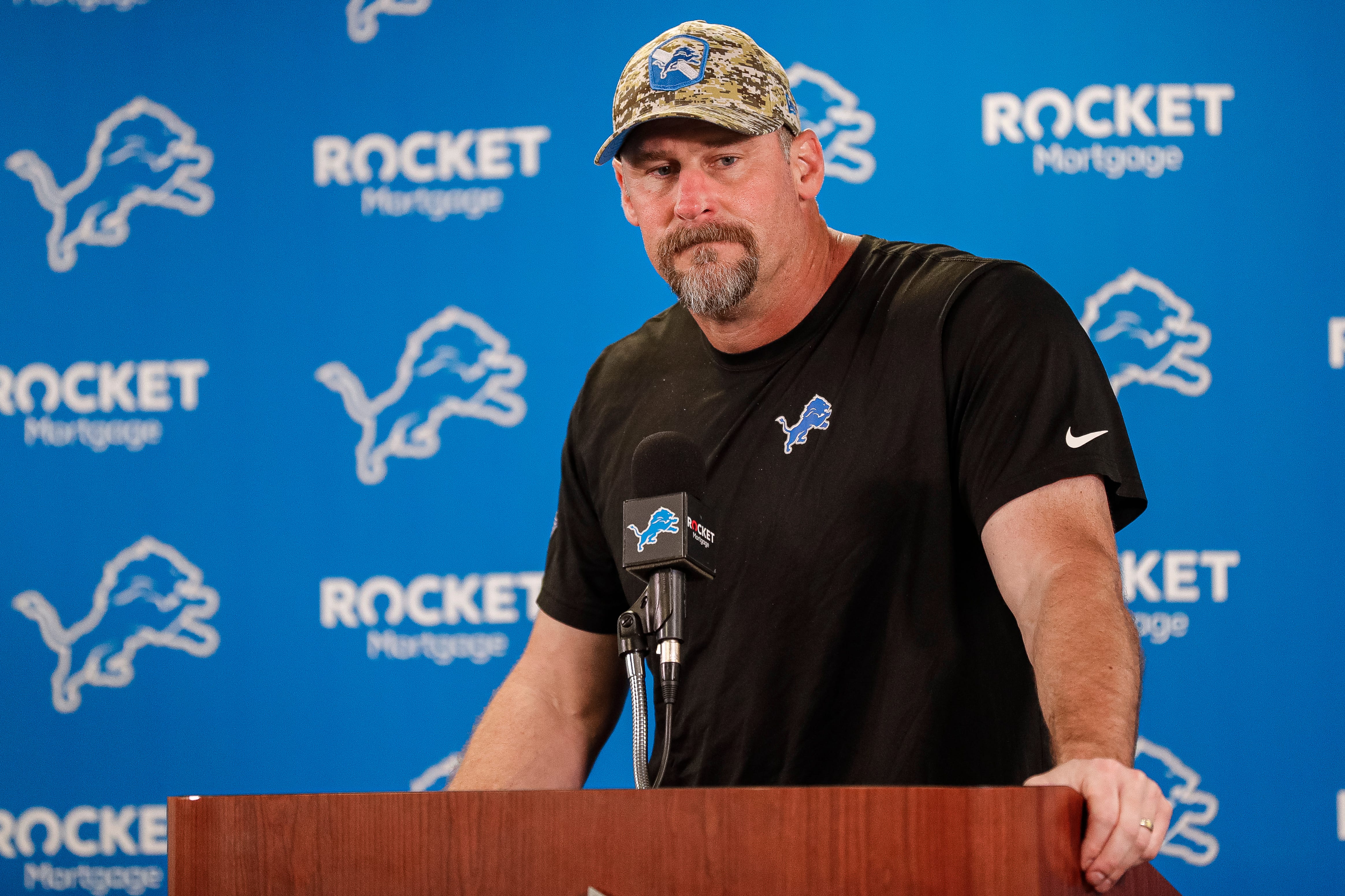 Detroit Lions head coach Dan Campbell speaks during mini camp at Detroit Lions headquarters and practice facility in Allen Park on Tuesday, June 4, 2024.