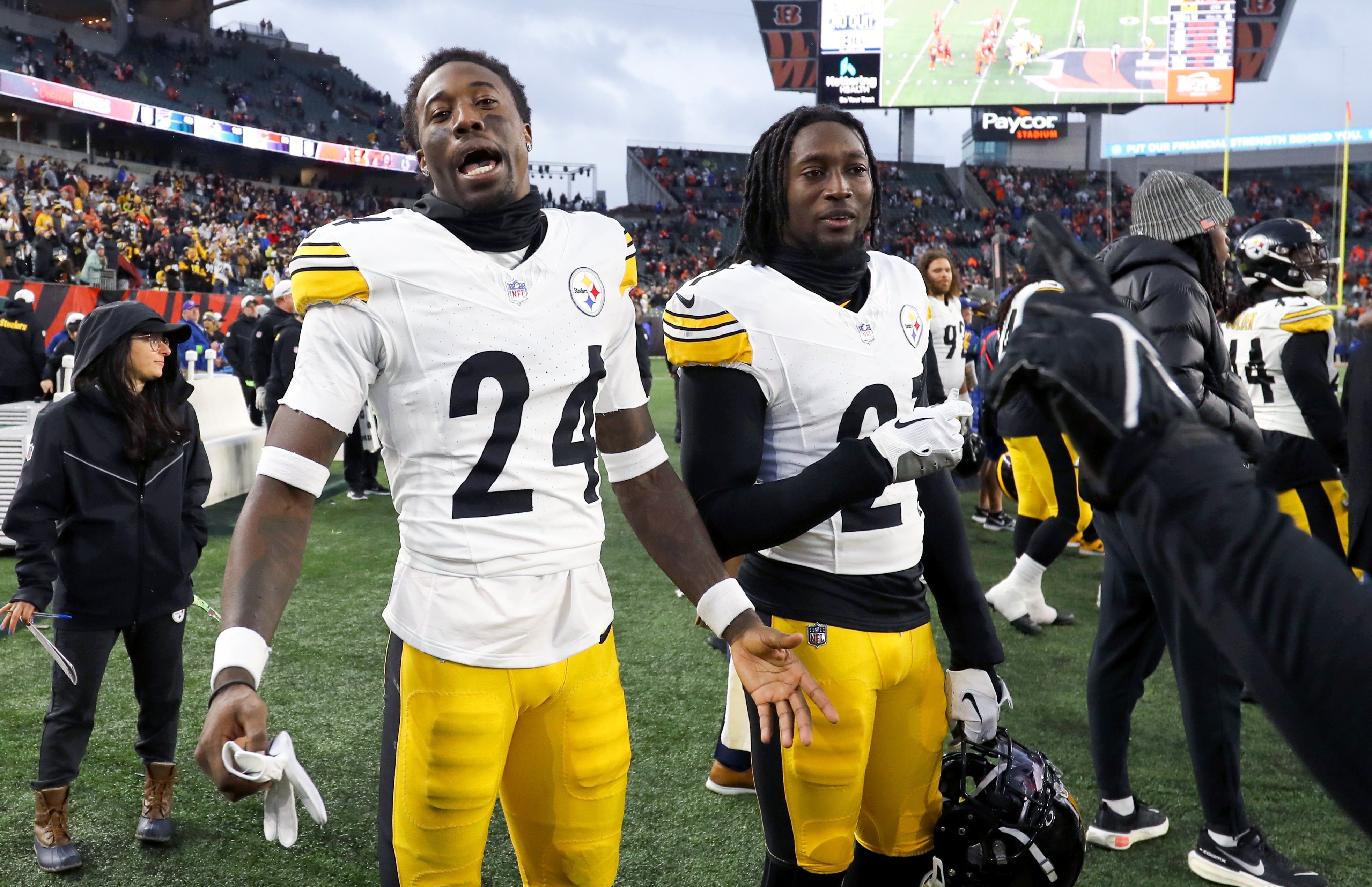 Nov 26, 2023; Cincinnati, Ohio, USA; Pittsburgh Steelers cornerback Joey Porter Jr. (24) and cornerback Darius Rush (21) celebrate after the game against the Cincinnati Bengals at Paycor Stadium. Mandatory Credit: Joseph Maiorana-USA TODAY Sports