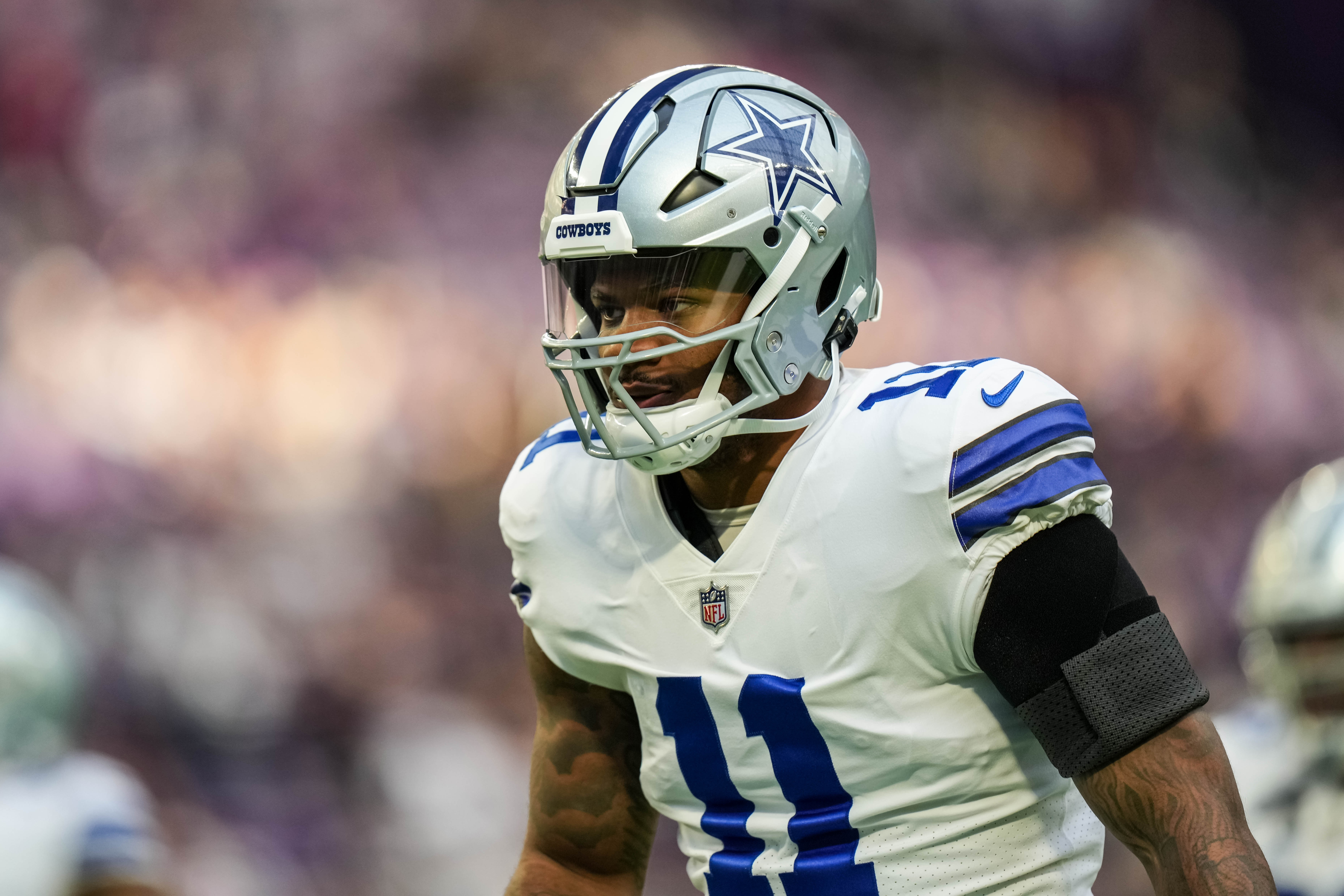Dallas Cowboys linebacker Micah Parsons (11) looks on prior to the game against the Minnesota Vikings at U.S. Bank Stadium.