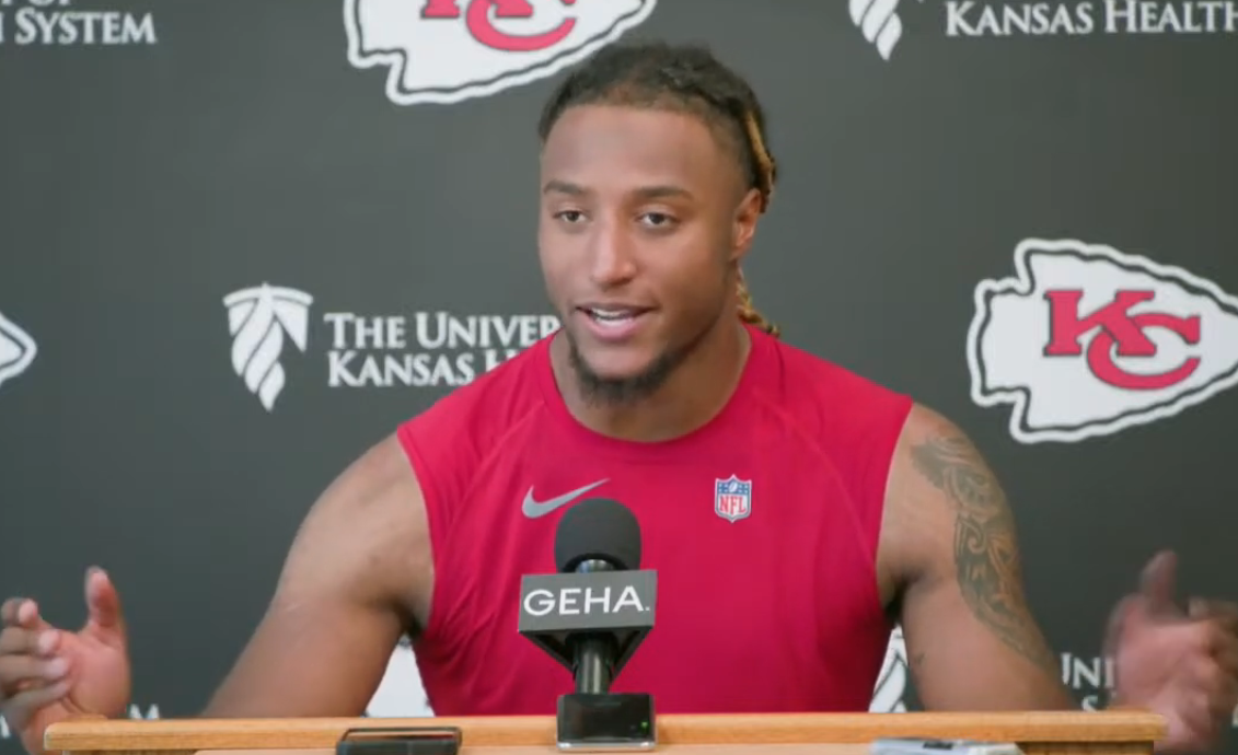 Chiefs S Justin Reid talks to the media.