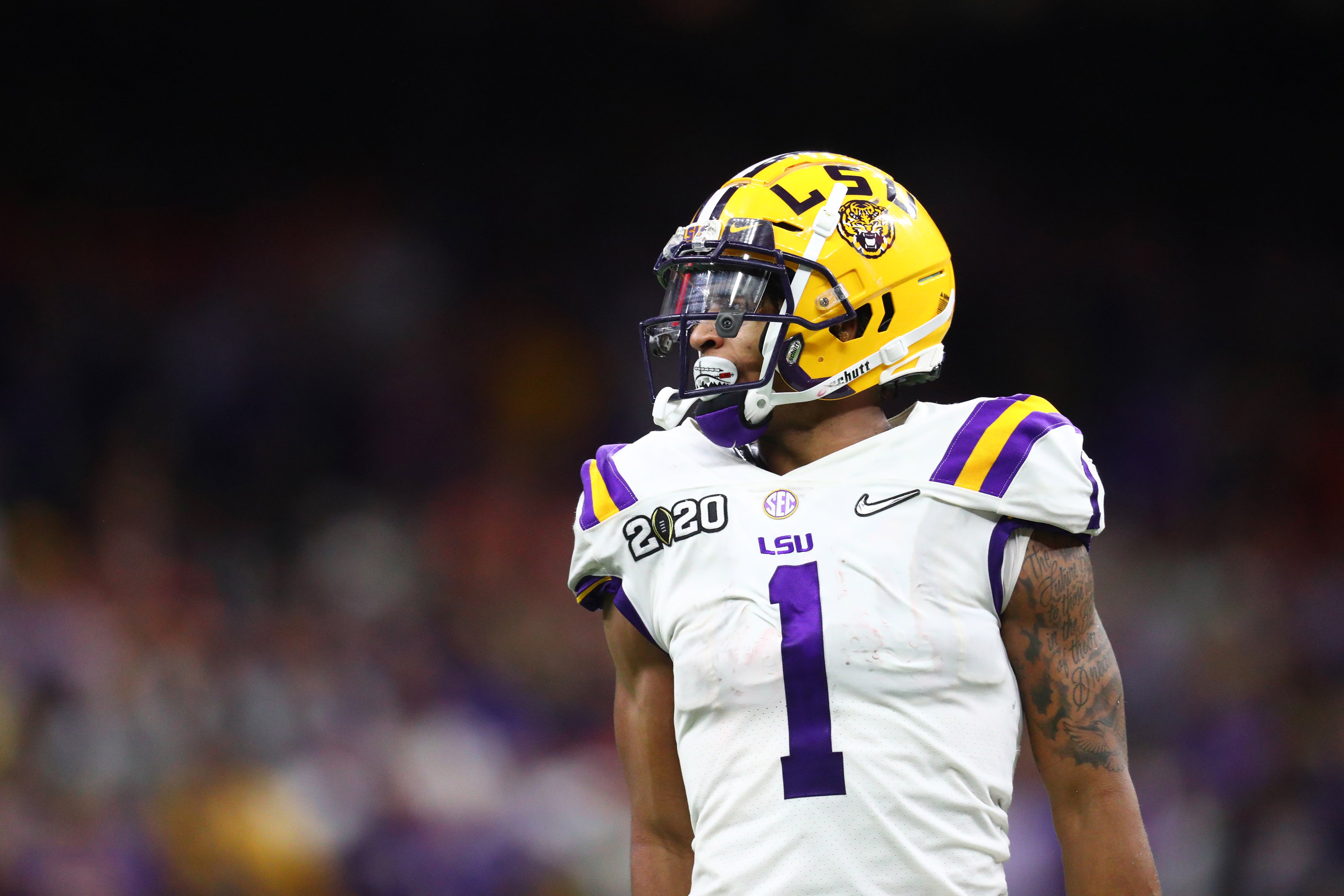 Jan 13, 2020; New Orleans, Louisiana, USA; LSU Tigers wide receiver Ja'Marr Chase (1) against the Clemson Tigers in the College Football Playoff national championship game at Mercedes-Benz Superdome.