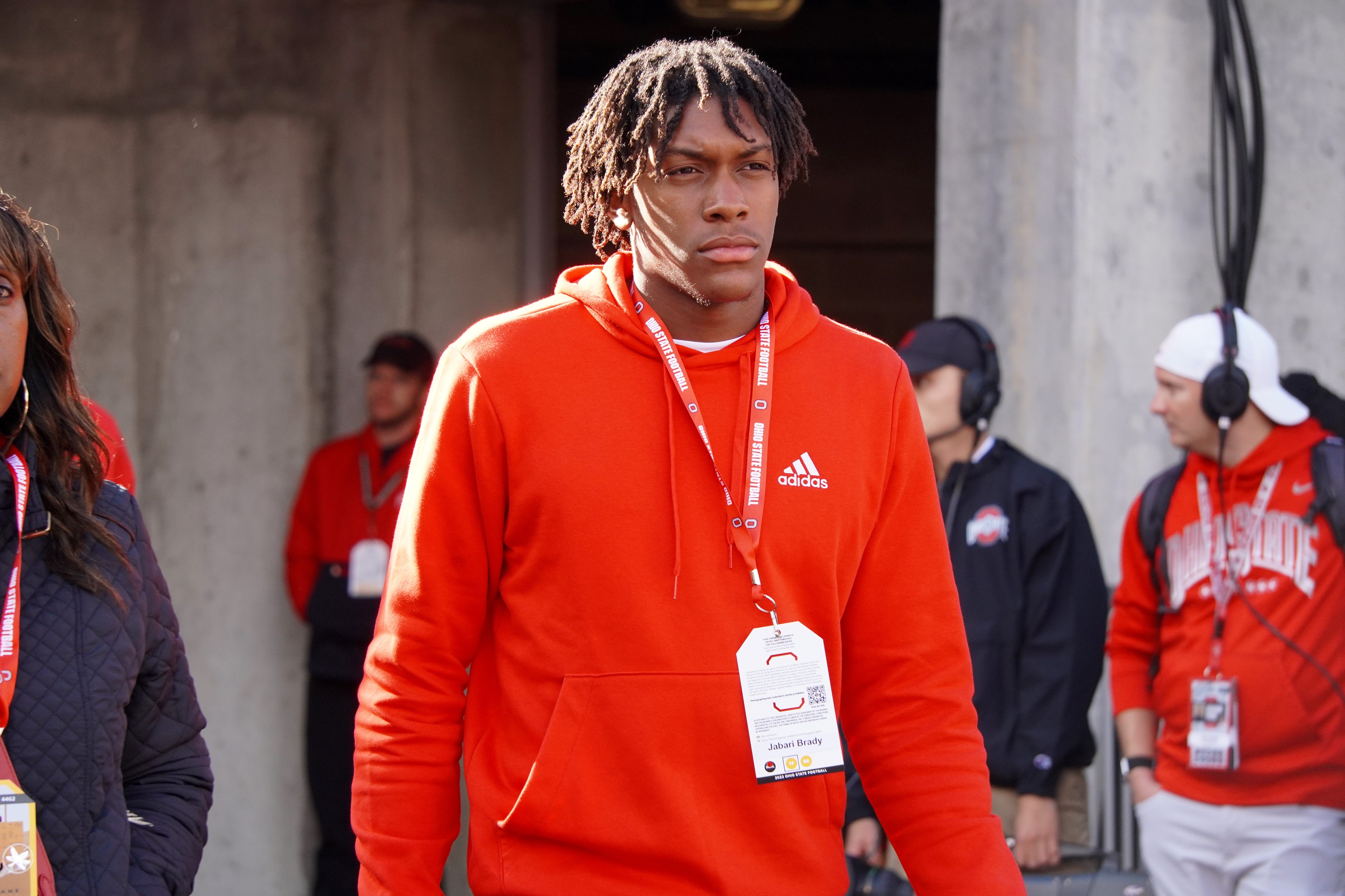 Recruit Jabari Brady watches Ohio State warm up before playing Penn State Oct. 21, 2023 at Ohio Stadium.