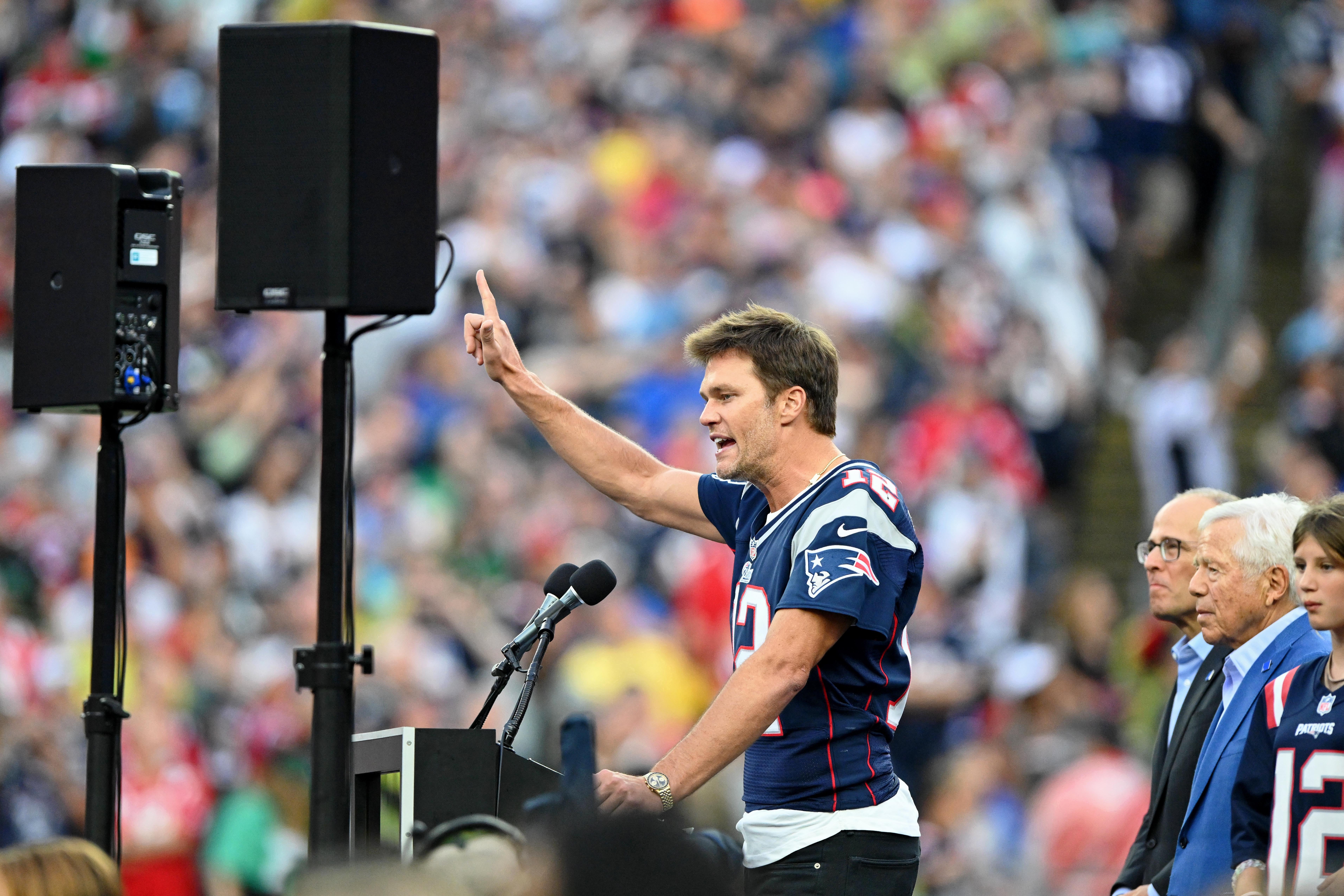 Sep 10, 2023; Foxborough, Massachusetts, USA; New England Patriots former quarterback Tom Brady speaks during a halftime ceremony in his honor during the game between the Philadelphia Eagles and New England Patriots at Gillette Stadium. Mandatory Credit: Brian Fluharty-USA TODAY Sports  