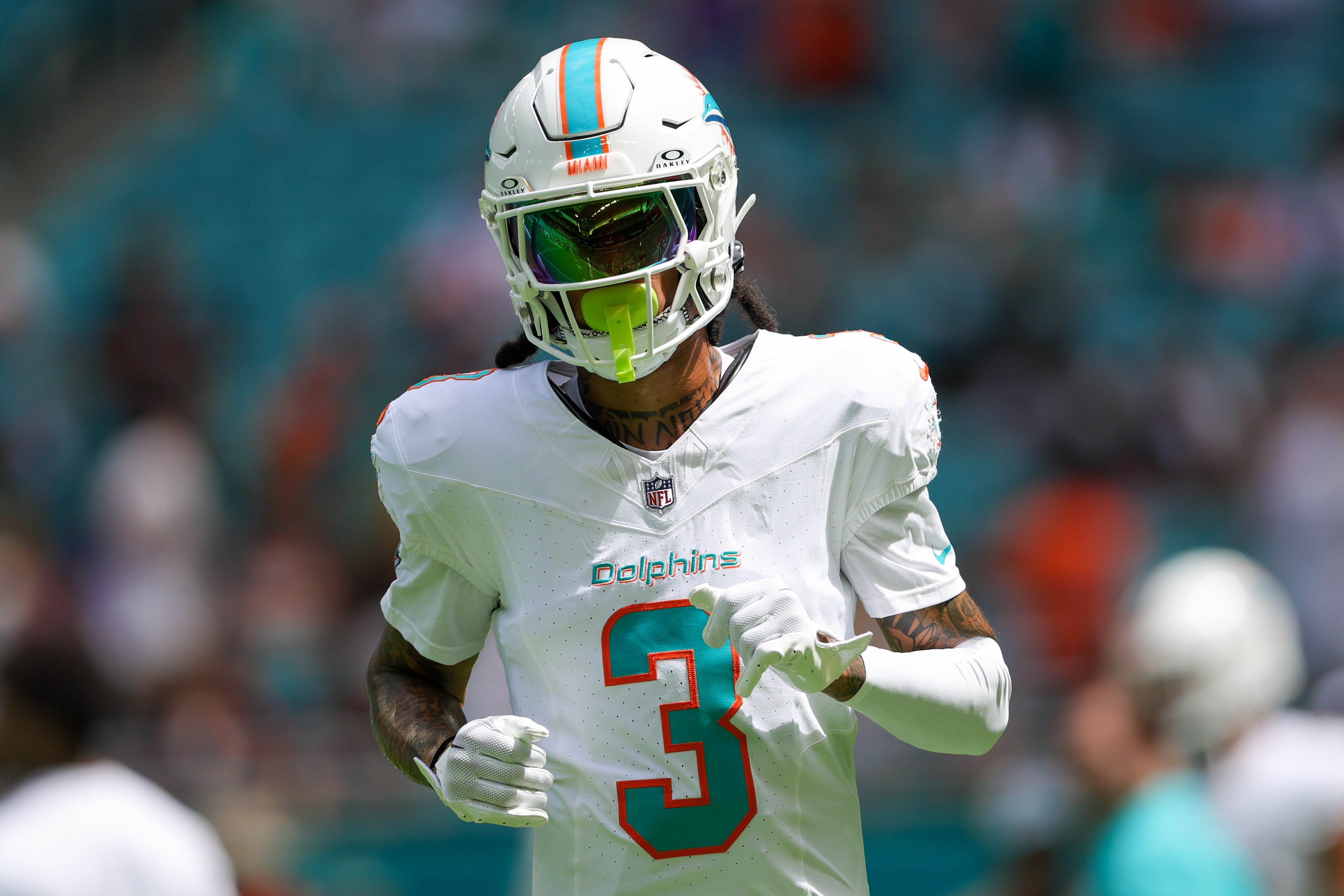 Sep 24, 2023; Miami Gardens, Florida, USA; Miami Dolphins wide receiver Robbie Chosen (3) warms up before a game against the Denver Broncos at Hard Rock Stadium.