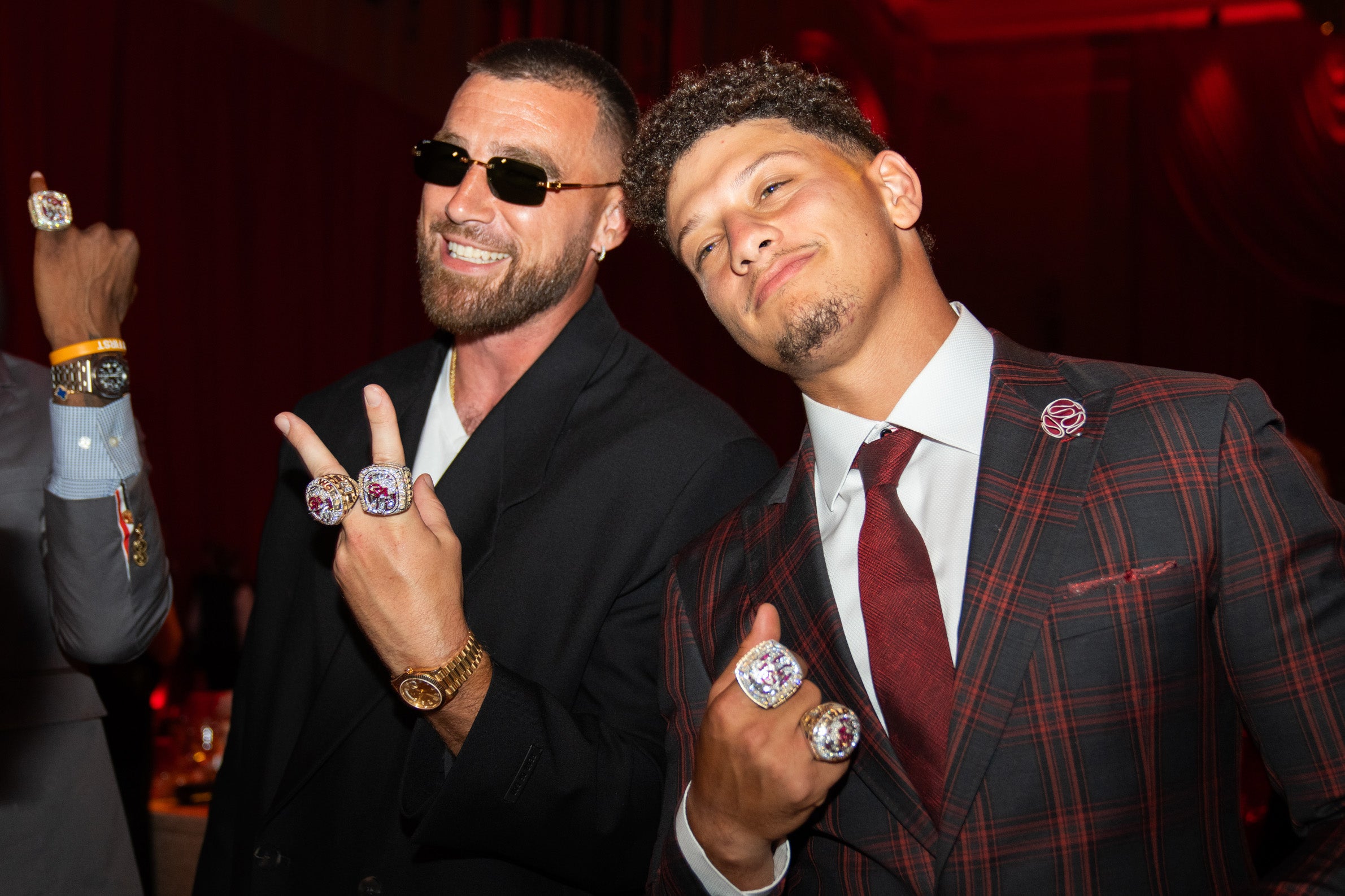Travis Kelce and Patrick Mahomes of the Kansas City Chiefs pose during the Kansas City Chiefs Super Bowl LVII Ring Ceremony at Union Station.