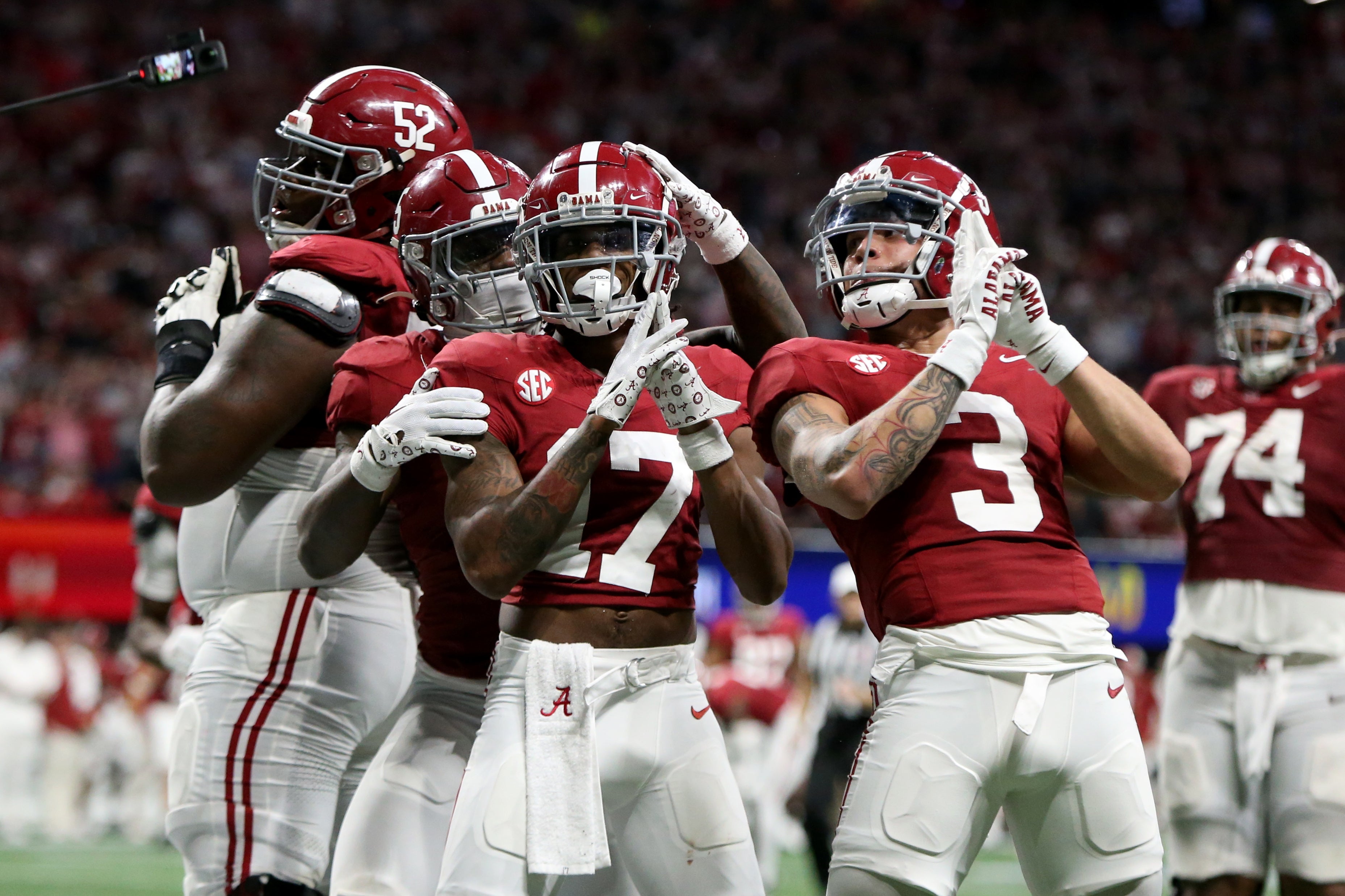 Dec 2, 2023; Atlanta, GA, USA; Alabama Crimson Tide wide receiver Isaiah Bond (17) reacts in the second half against the Georgia Bulldogs at Mercedes-Benz Stadium.