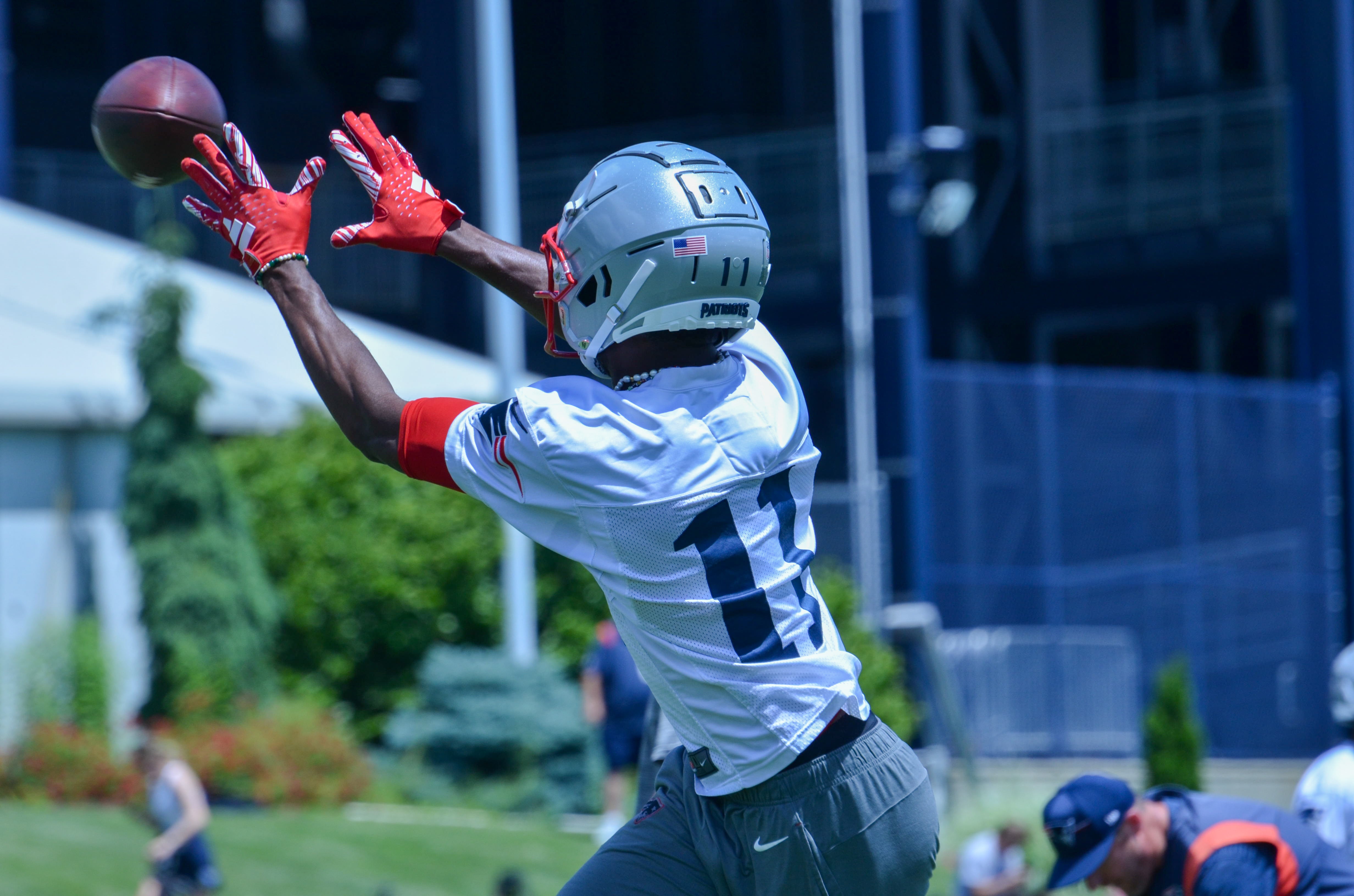 Patriots WR Tyquan Thornton makes a catch at the first day of Mandatory Minicamp at Gillette Stadium - June 10, 2024