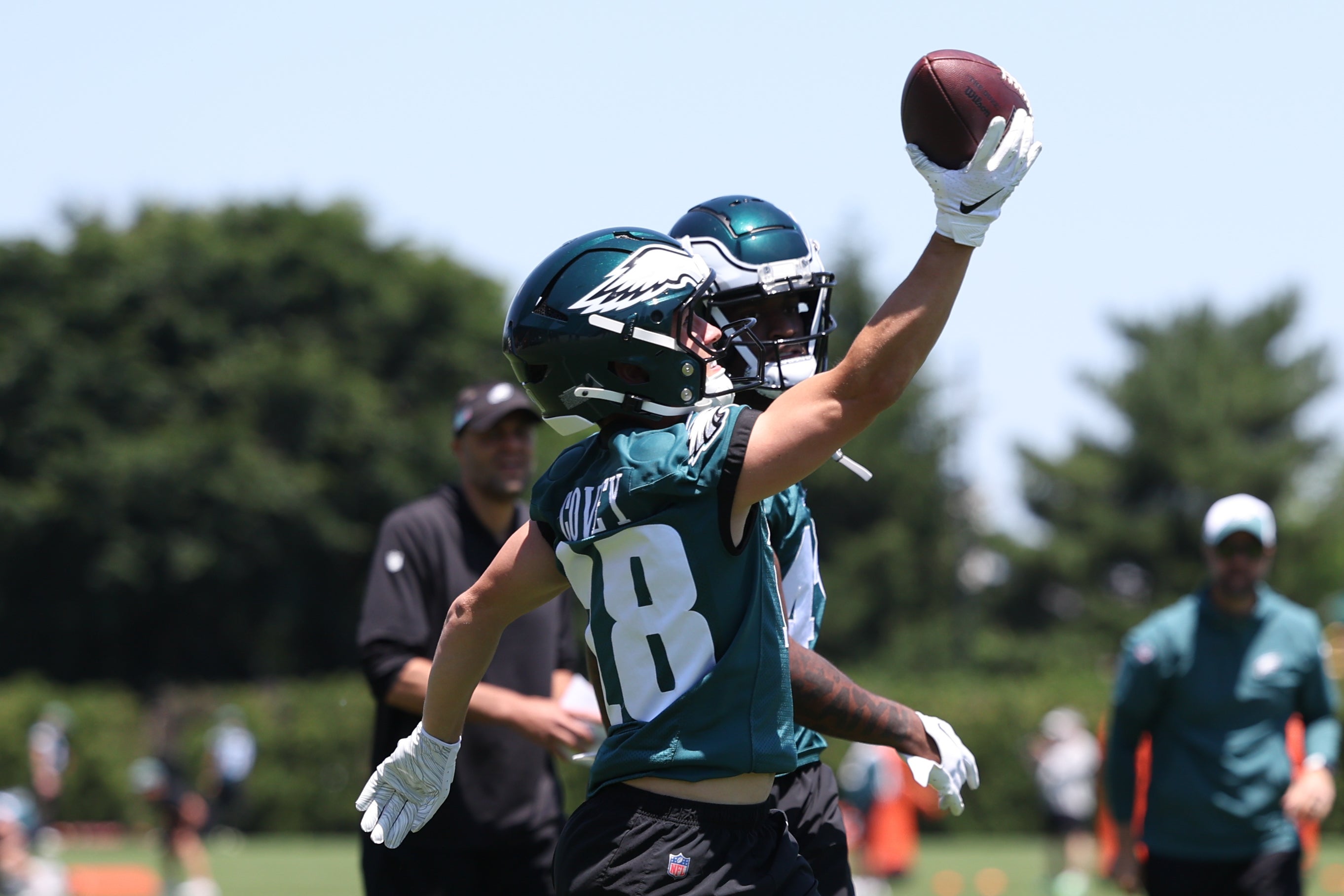 Philadelphia Eagles wide receiver Britain Covey (18) makes a catch during practice at NovaCare Complex.
