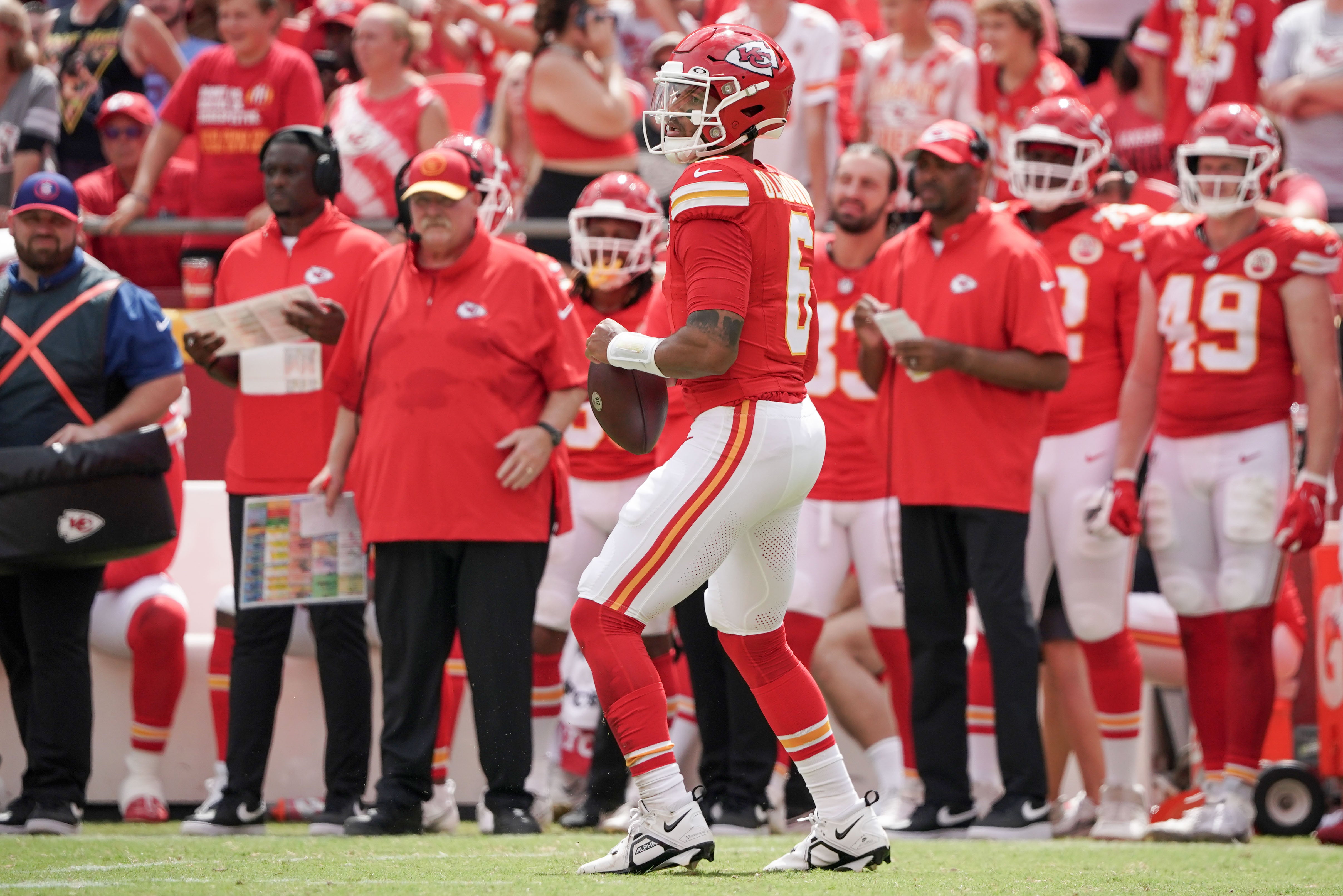 Aug 26, 2023; Kansas City, Missouri, USA; Kansas City Chiefs quarterback Chris Oladokun (6) against the Cleveland Browns during the game at GEHA Field at Arrowhead Stadium.