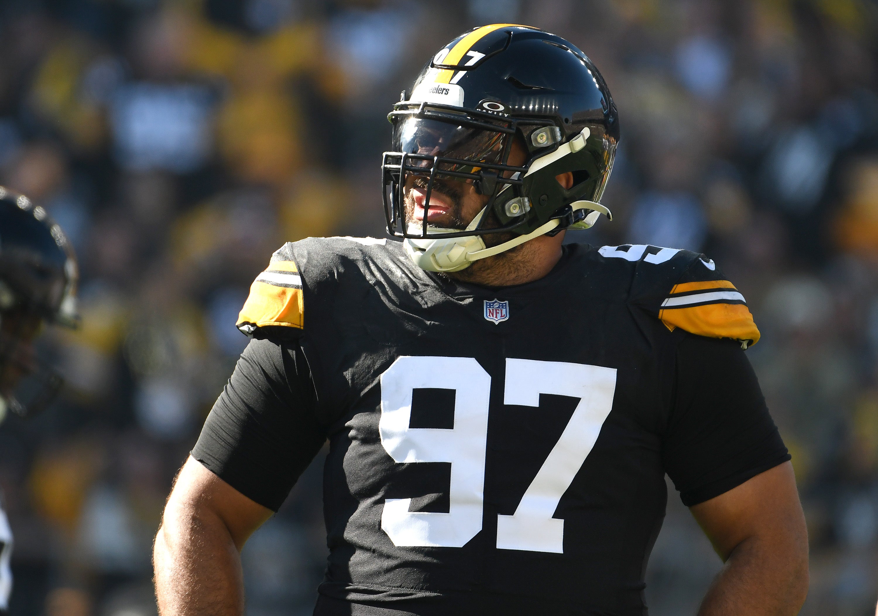 Nov 12, 2023; Pittsburgh, Pennsylvania, USA; Pittsburgh Steelers defensive tackle Cameron Heyward (97) in between plays against the Green Bay Packers at Acrisure Stadium. Mandatory Credit: Philip G. Pavely-USA TODAY Sports