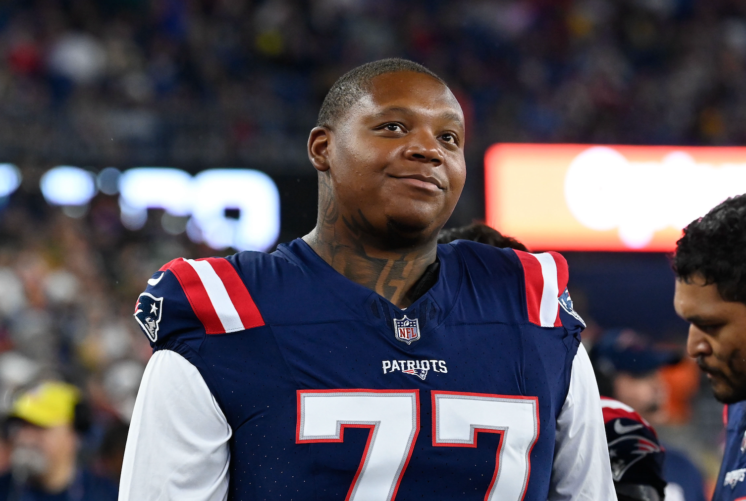 Aug 10, 2023; Foxborough, Massachusetts, USA; New England Patriots offensive tackle Trent Brown (77) during the first half against the Houston Texans at Gillette Stadium.
