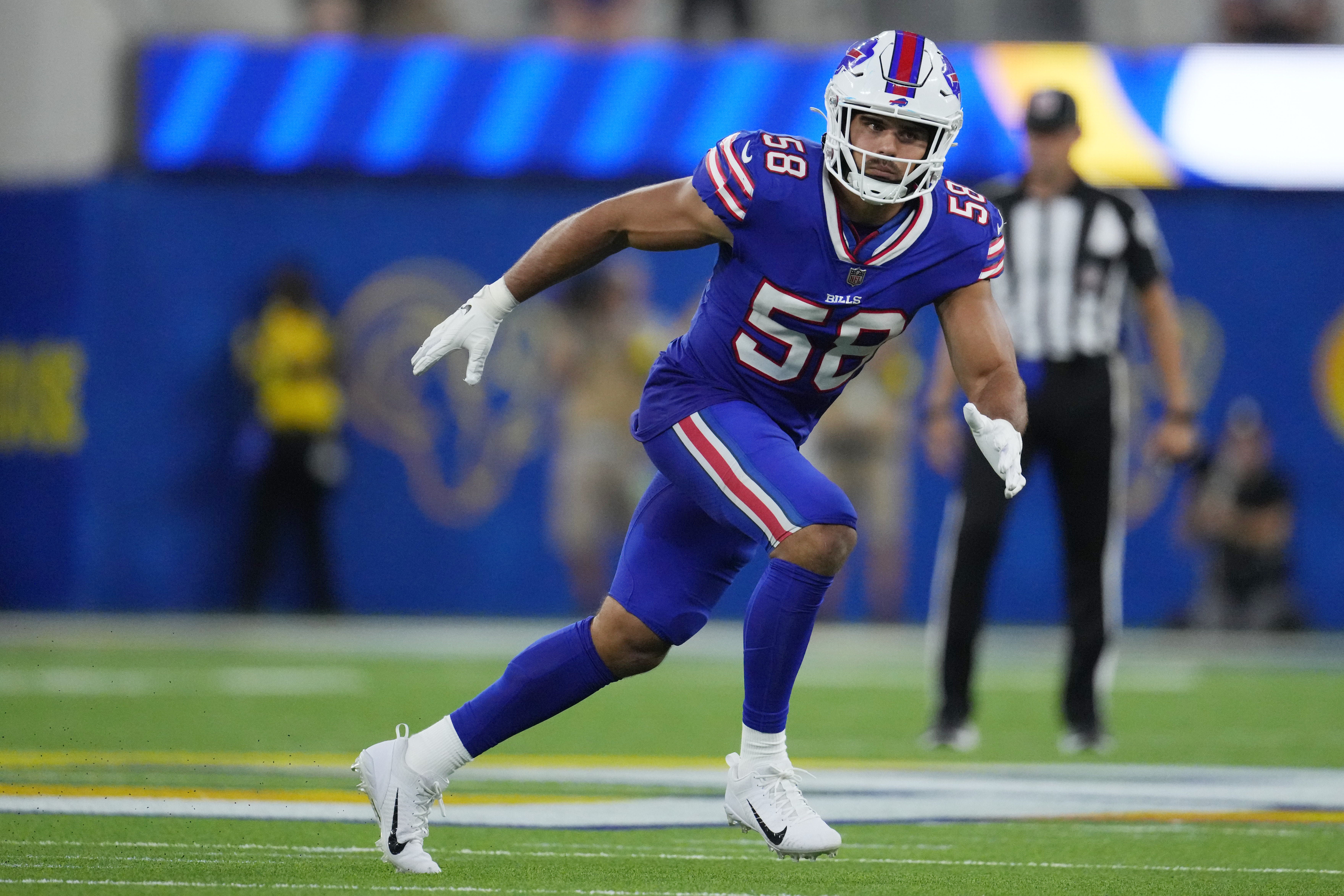 Sep 8, 2022; Inglewood, California, USA; Buffalo Bills linebacker Matt Milano (58) moves into position in the fourth quarter against the Los Angeles Rams at SoFi Stadium.