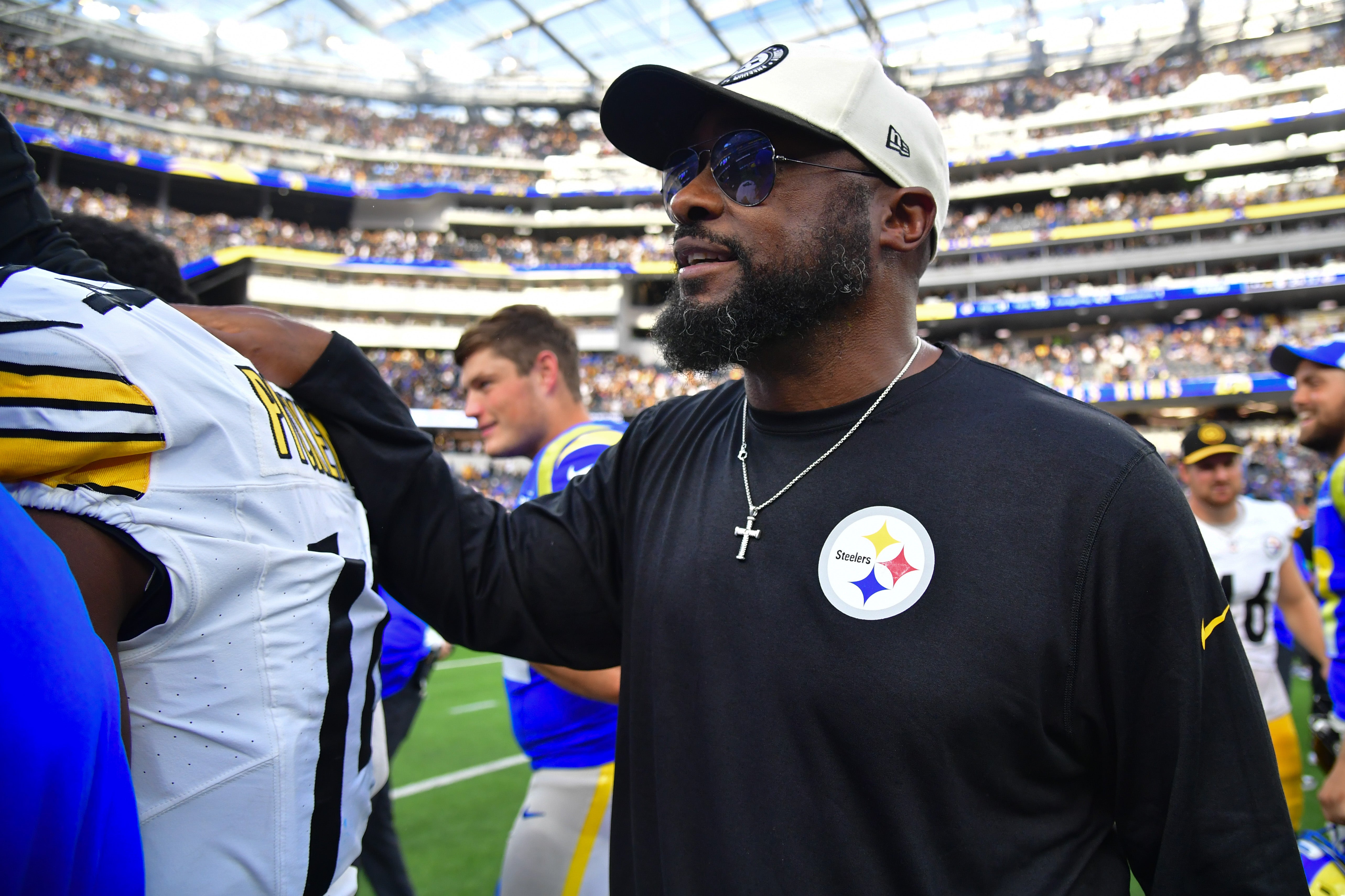 Oct 22, 2023; Inglewood, California, USA; Pittsburgh Steelers head coach Mike Tomlin celebrates the victory against the Los Angeles Rams at SoFi Stadium. Mandatory Credit: Gary A. Vasquez-USA TODAY Sports