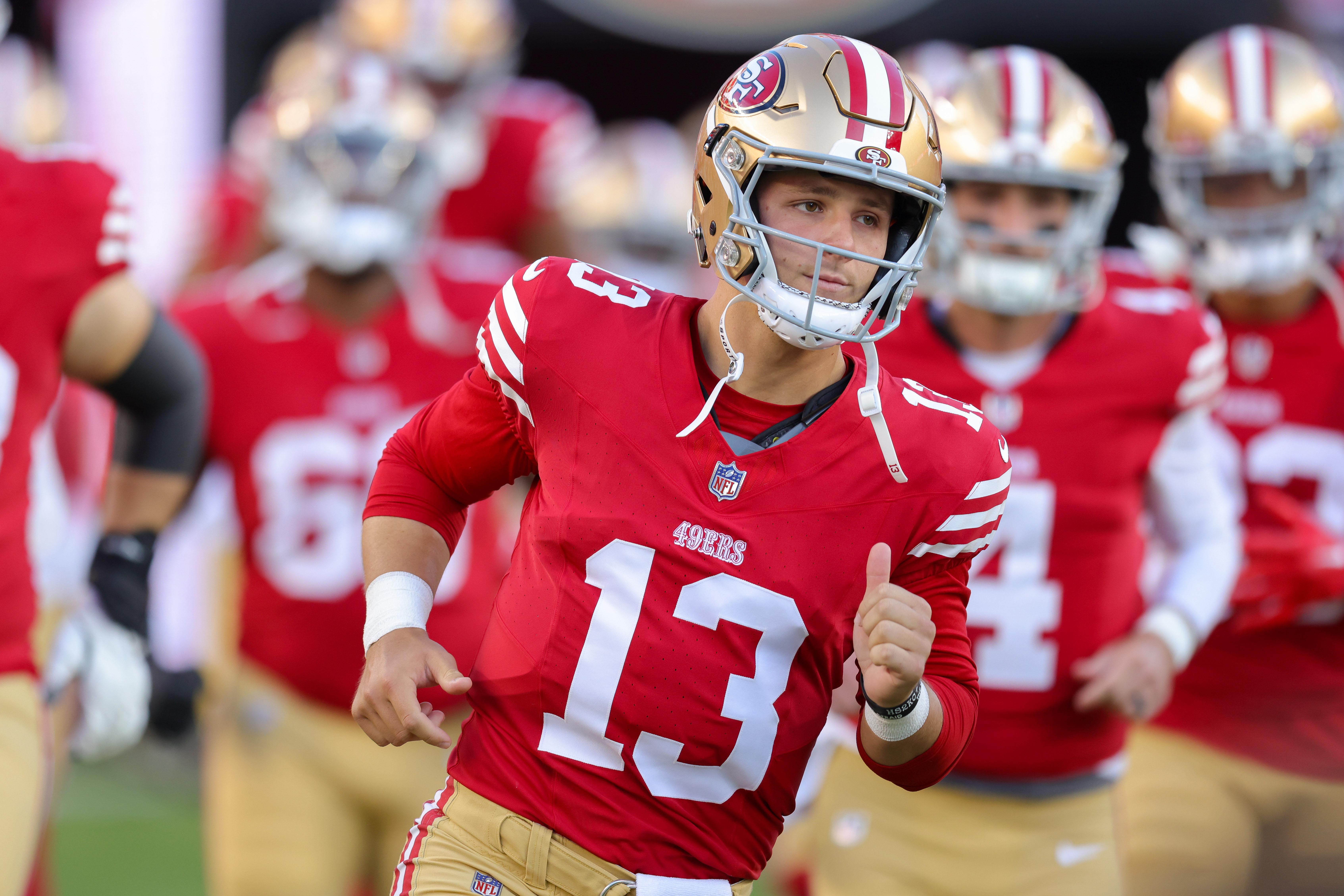 Aug 25, 2023; Santa Clara, California, USA; San Francisco 49ers quarterback Brock Purdy (13) during the game against the Los Angeles Chargers at Levi's Stadium.