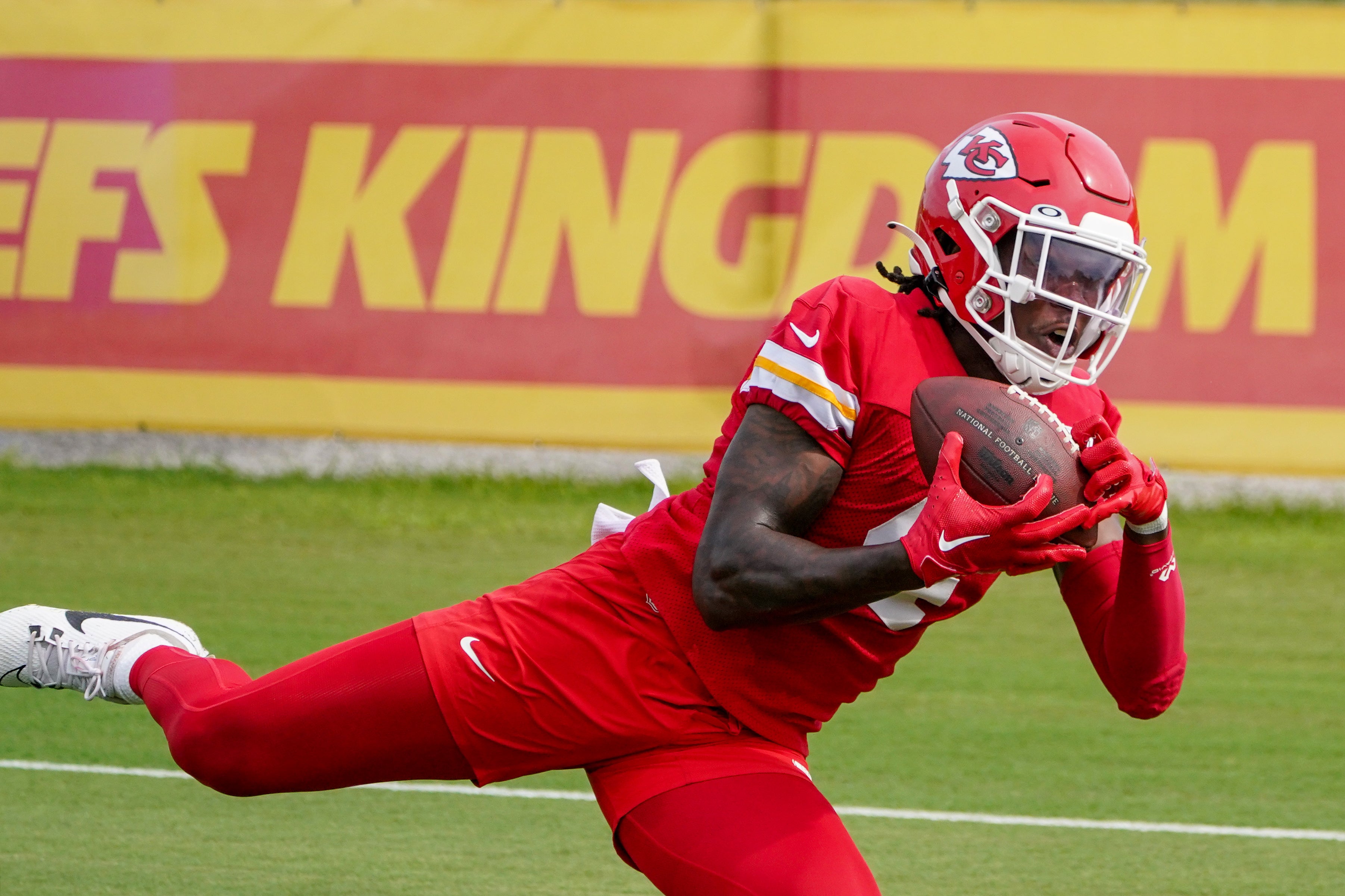 Jul 24, 2023; St. Joseph, MO, USA; Kansas City Chiefs wide receiver Rashee Rice (4) catches a pass during training camp at Missouri Western State University.