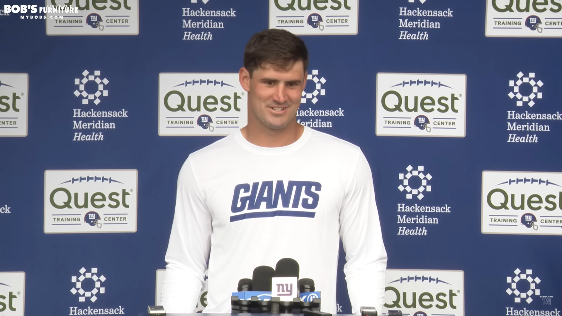 New York Giants quarterback Daniel Jones talks to reporters during mandatory minicamp.