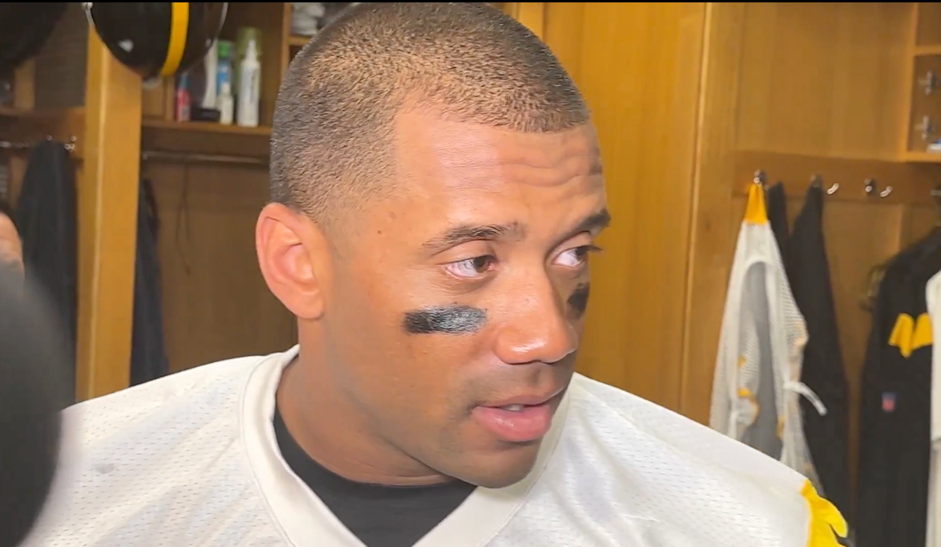 Pittsburgh Steelers QB Russell Wilson addresses the media following day one of the 2024 mandatory minicamp on 6/11/24