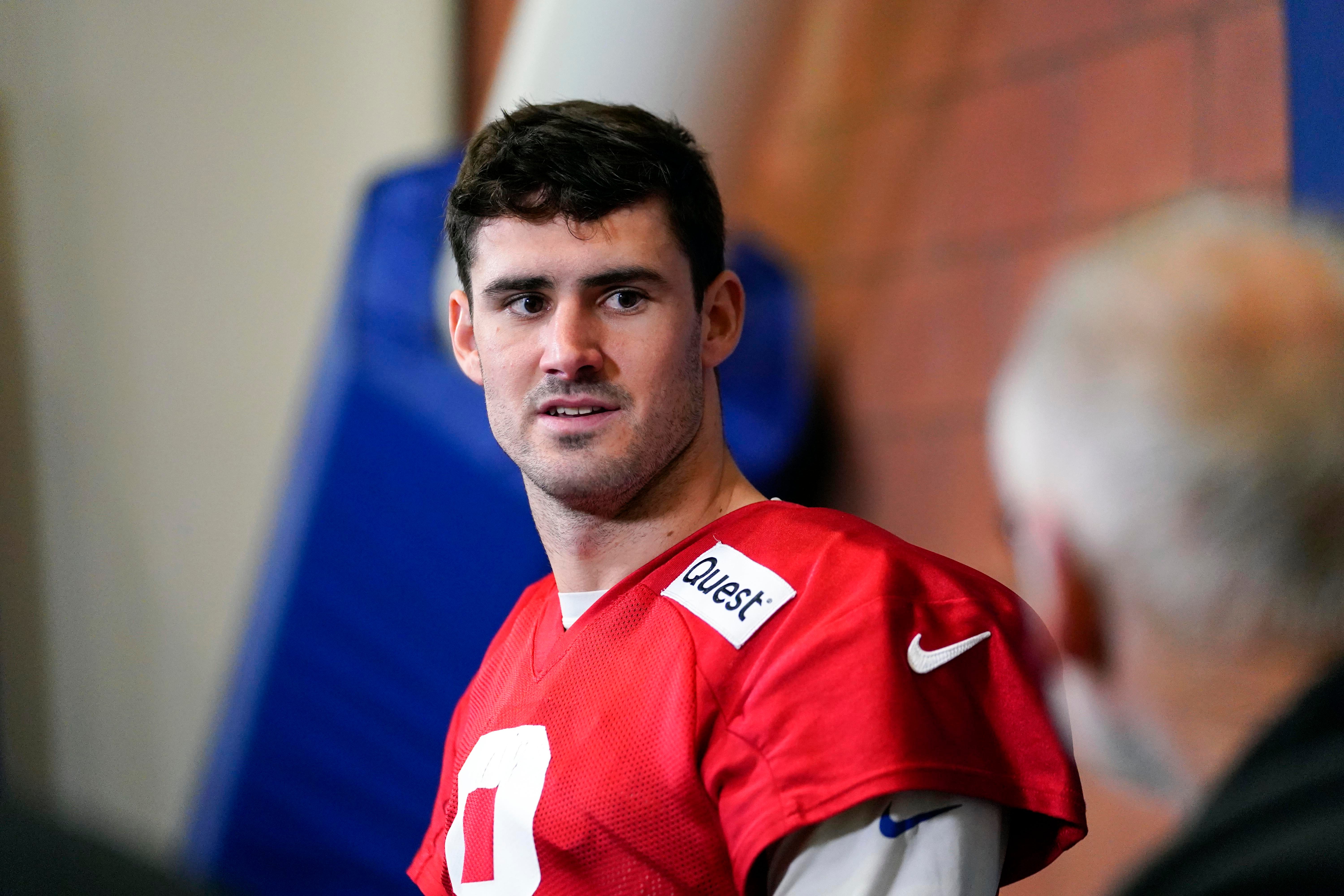 New York Giants quarterback Daniel Jones (8) answers questions after team practice at the Quest Diagnostics Training Center on Wednesday, Jan. 11, 2023, in East Rutherford. Football Giants Practice
