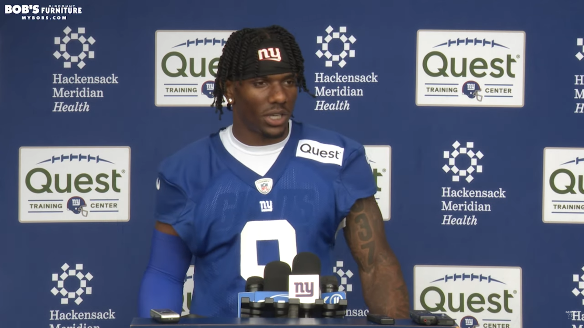 New York Giants wide receiver Malik Nabers talks to reporters during mandatory minicamp.