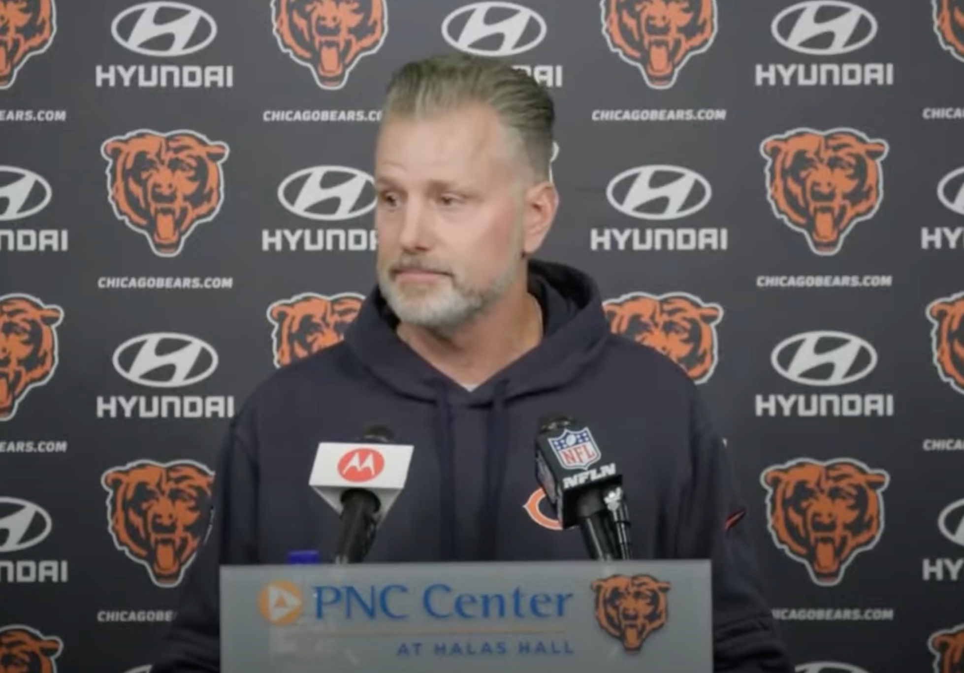 Matt Eberflus addresses the media following Wednesday's practice at Halas Hall.