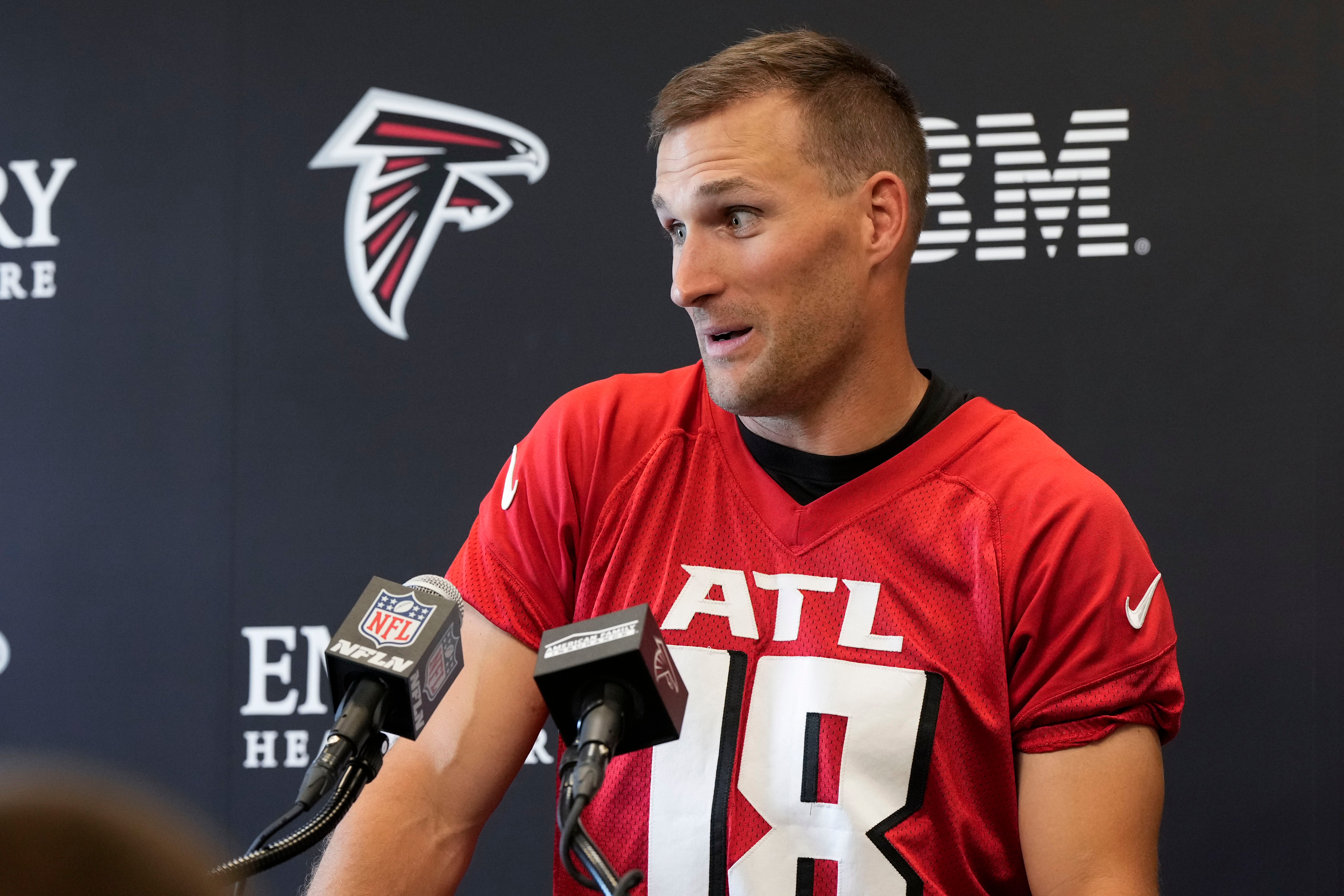 Atlanta Falcons quarterback Kirk Cousins (18) is interviewed after Falcons OTA at the Falcons Training facility.
