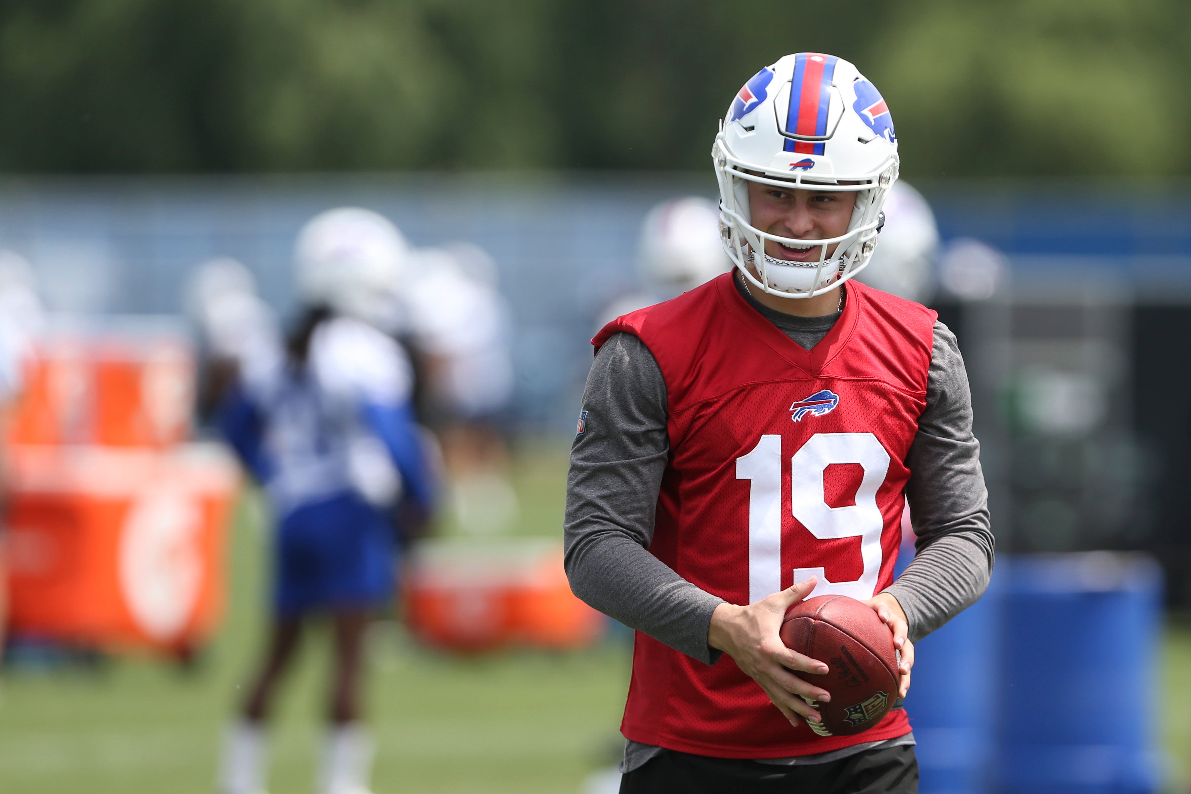 ORCHARD PARK, NEW YORK - JUNE 15: Matt Araiza #19 of the Buffalo Bills smiles during Bills mini camp on June 15, 2022 in Orchard Park, New York.