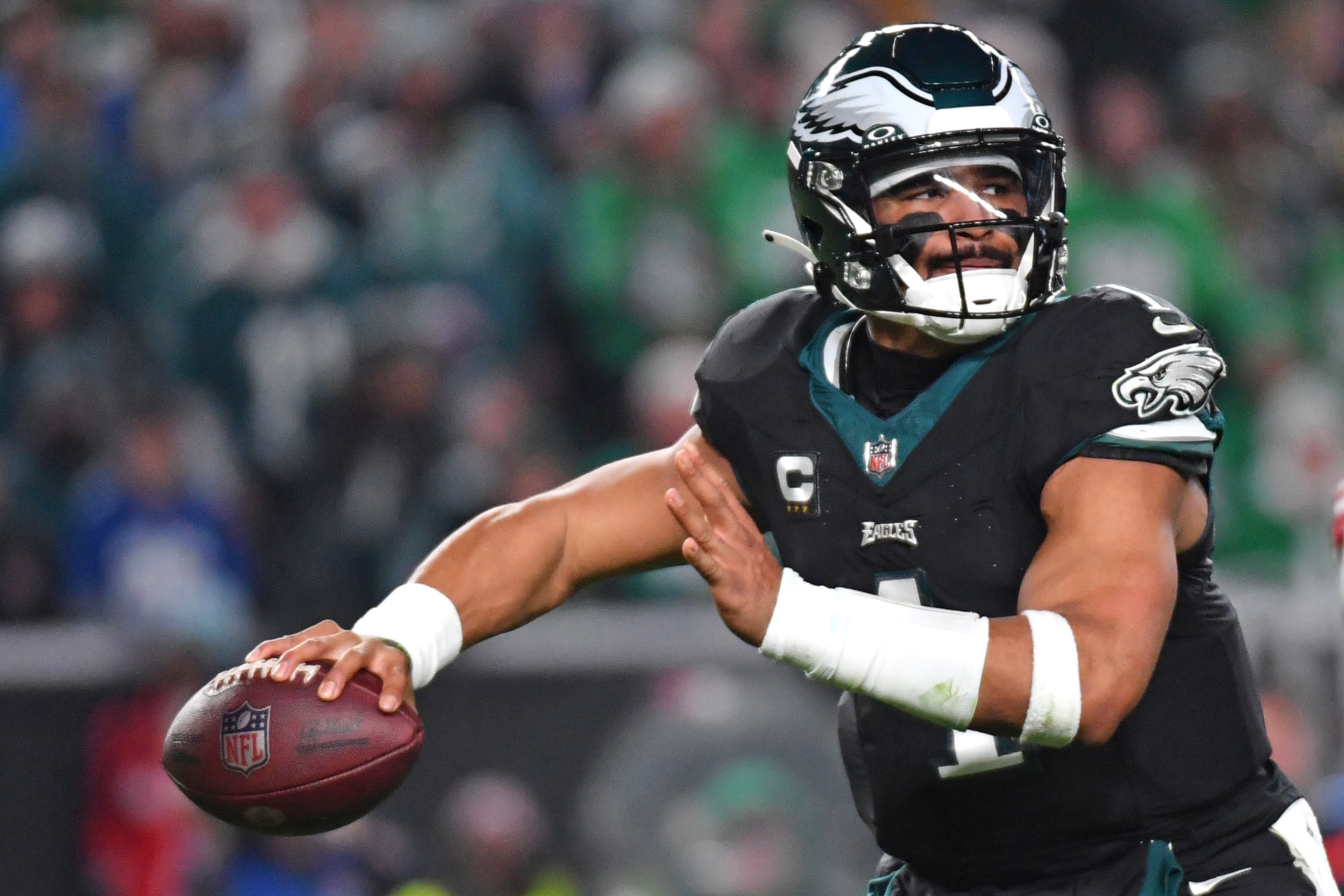 Philadelphia Eagles quarterback Jalen Hurts (1) against the New York Giants at Lincoln Financial Field.