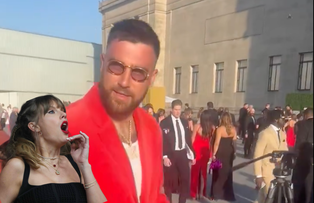 Travis Kelce arrives at the red carpet for the Kansas City Chiefs Super Bowl ring ceremony.