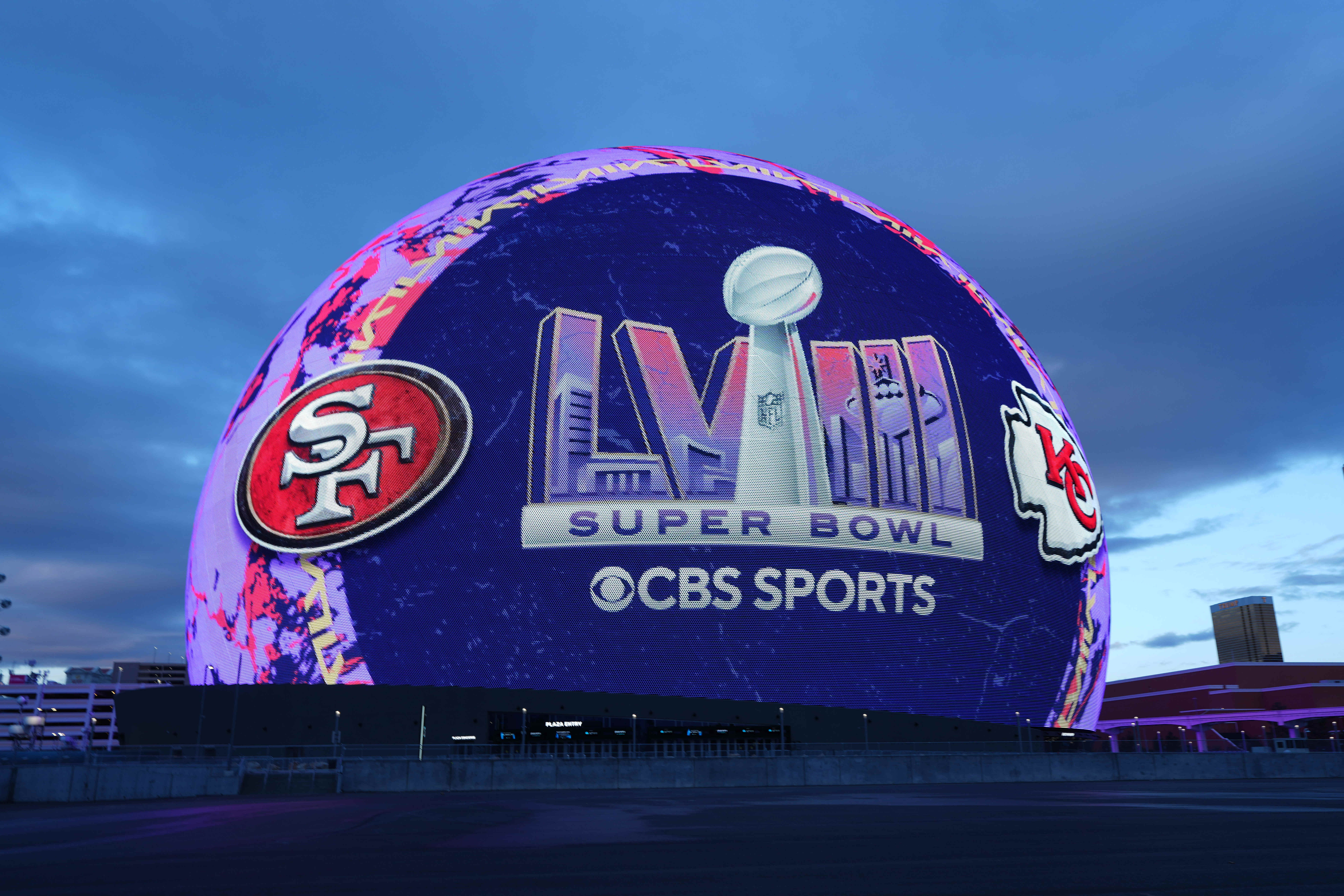 Feb 10, 2024; Las Vegas, NV, USA; A CBS Sports advertisement for Super Bowl 58 between the San Francisco 49ers and Kansas City Chiefs is projected onto the Sphere.