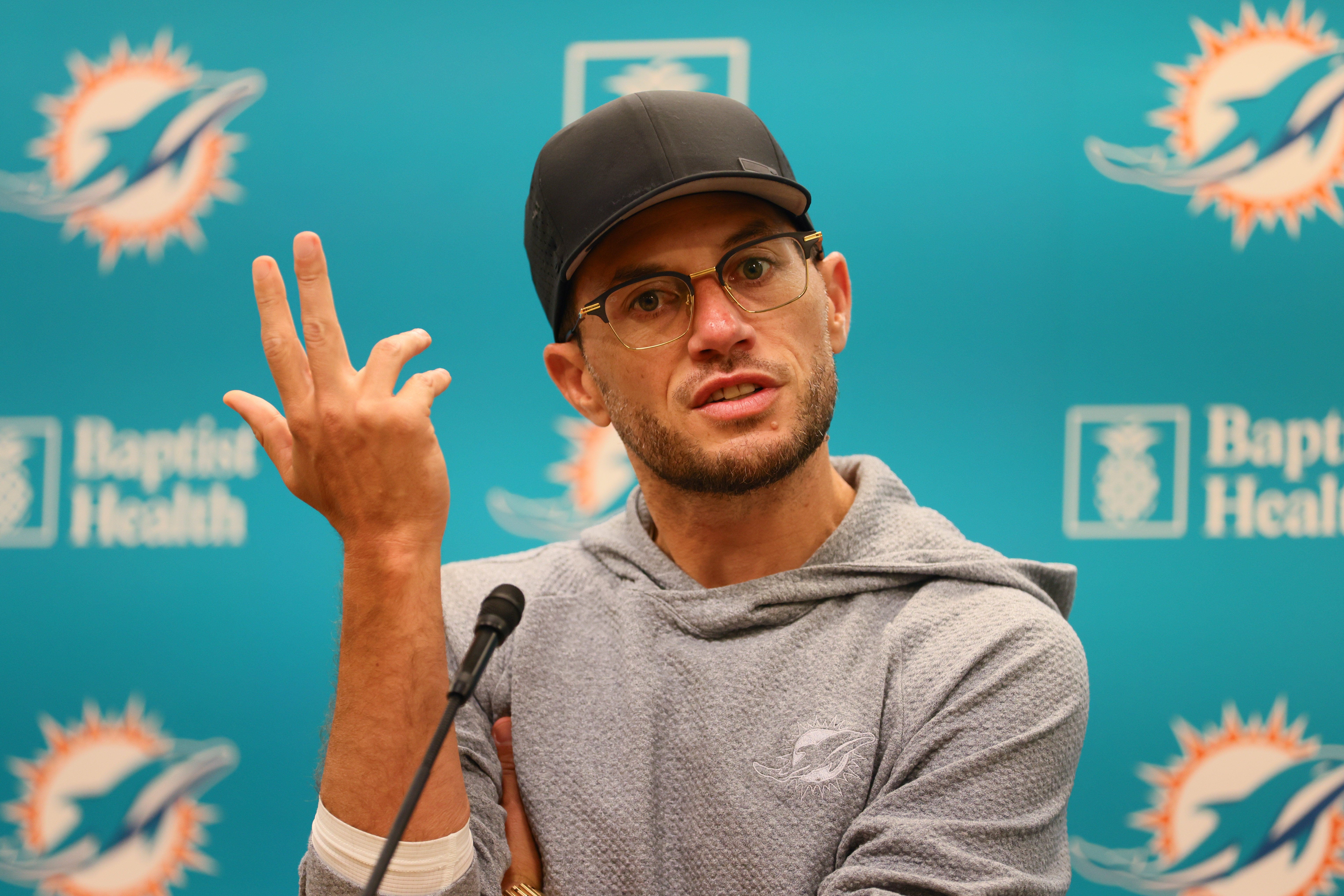 Jun 5, 2024; Miami Gardens, FL, USA; Miami Dolphins head coach Mike McDaniel speaks to reporters during mandatory minicamp at Baptist Health Training Complex.